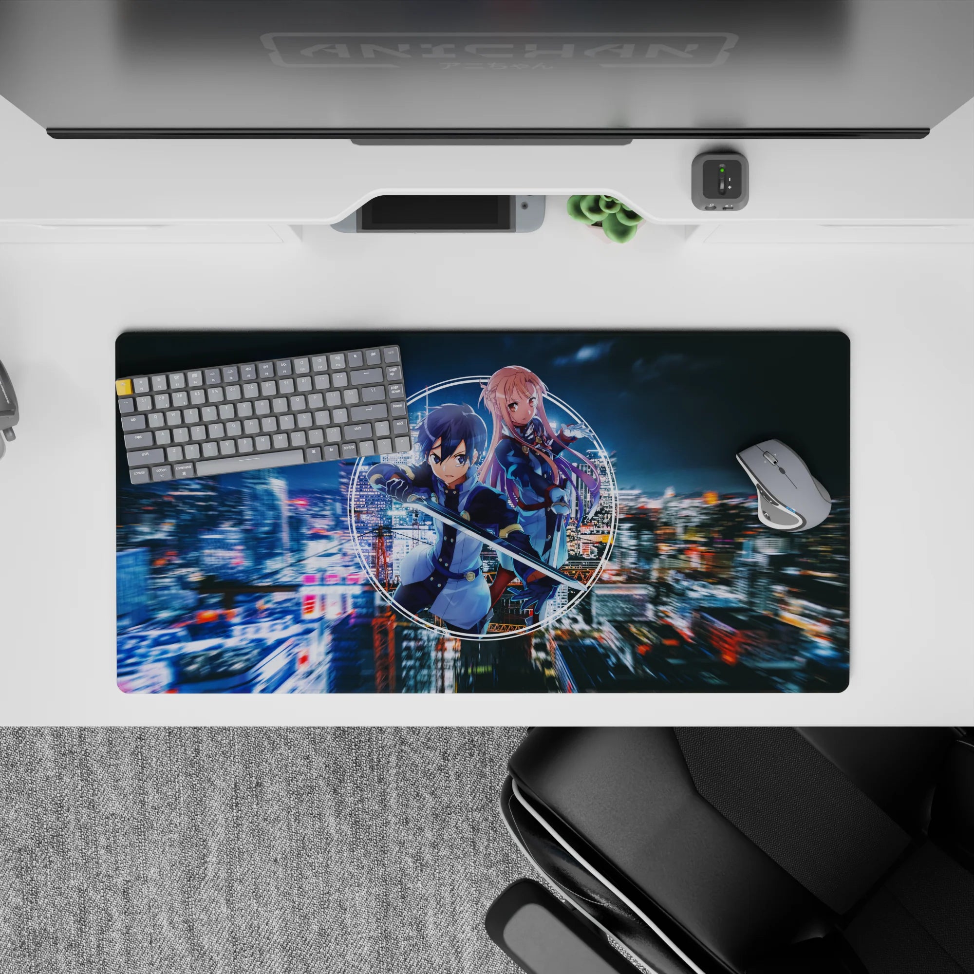 Anime mouse pad 32x16 inches featuring Kirito and Asuna in neon colors, perfect for adding main character energy to your desk.