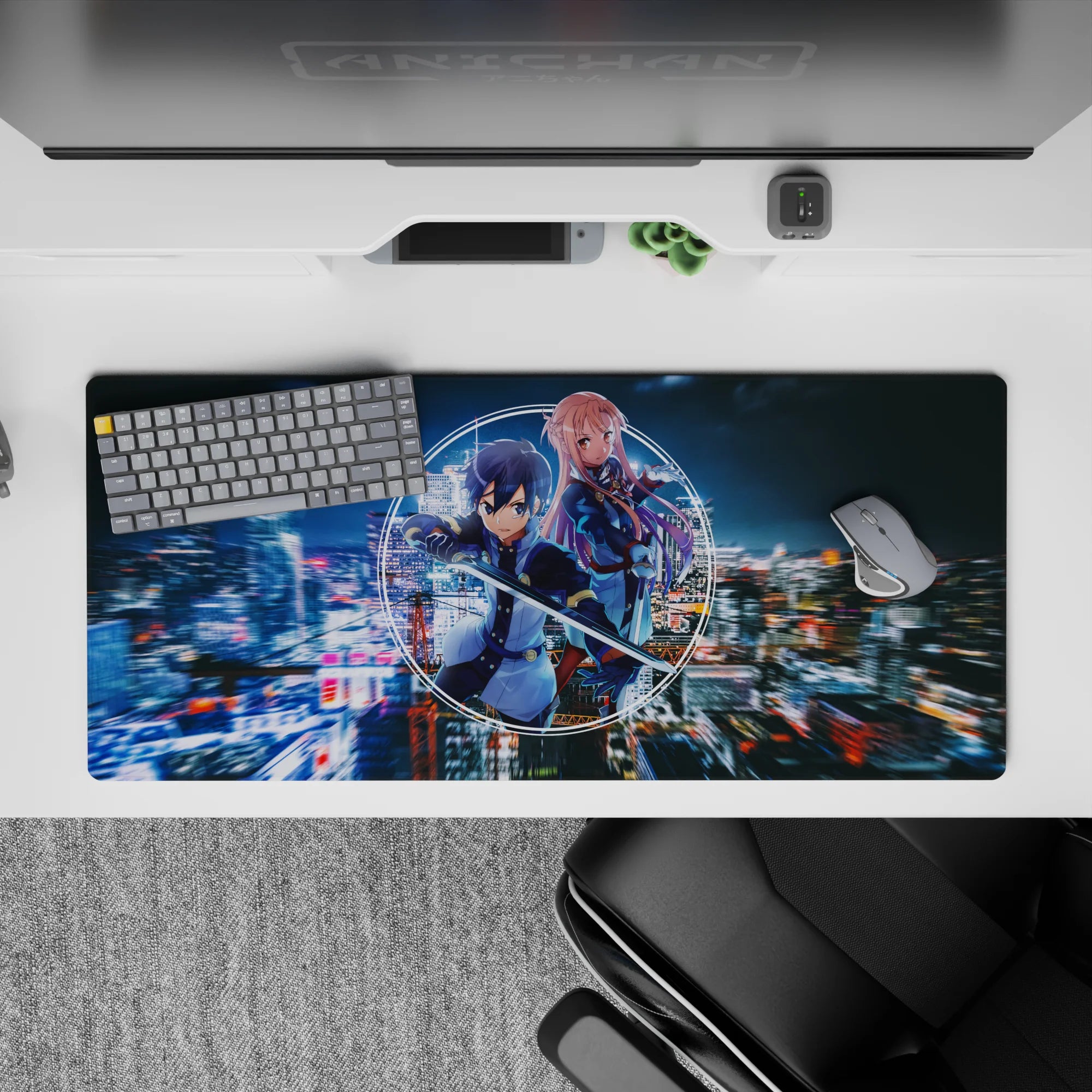 Anime desk pad 36x16 inches featuring Kirito and Asuna in neon tones against a cyber-city background for upgraded style.