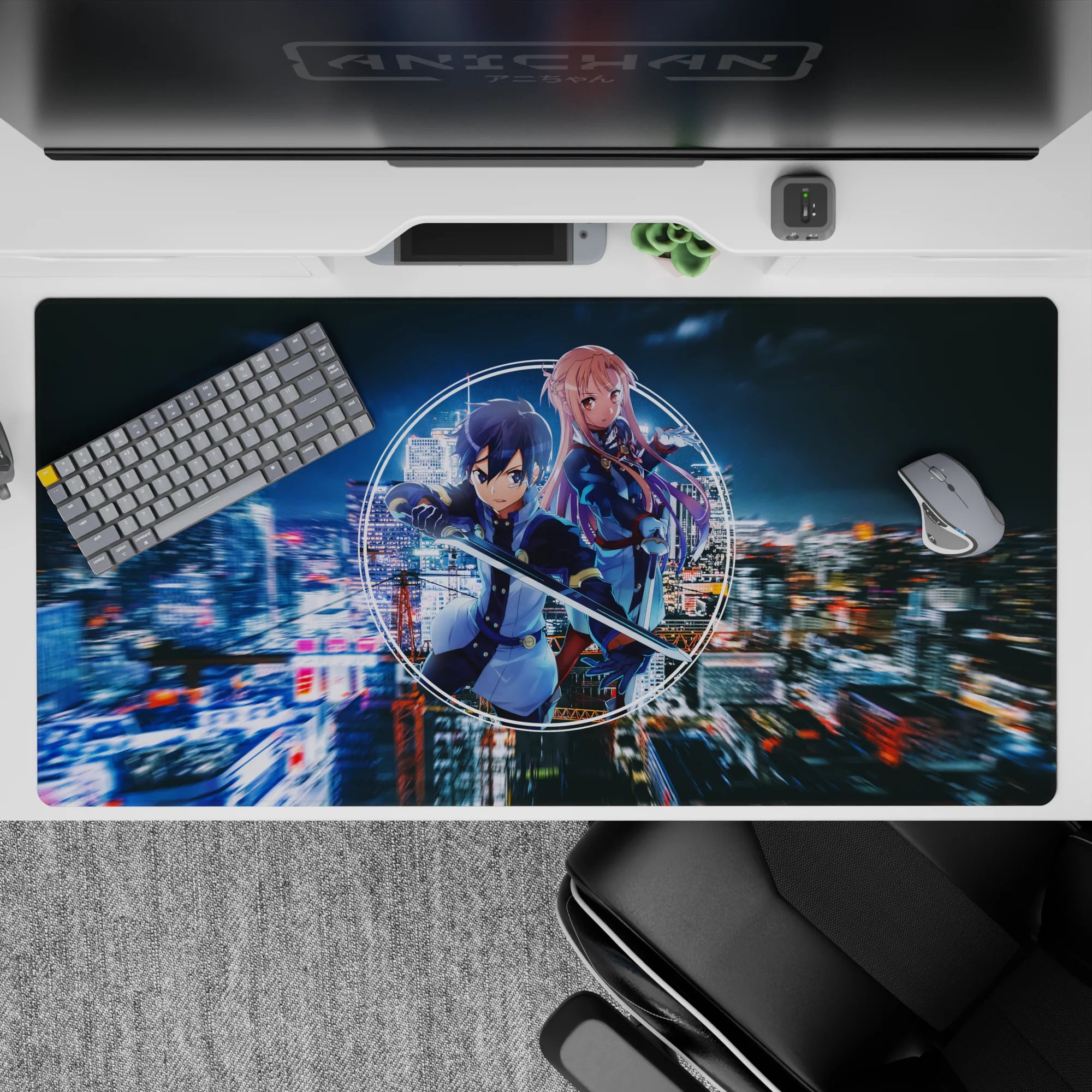 Anime mouse pad 40x20 inches featuring Kirito and Asuna in neon and indigo tones with a cyber-city background.