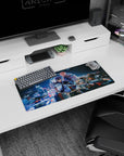 Anime mouse pad 28x12 inches featuring Kirito and Asuna in neon and indigo tones against a cyber-city backdrop.