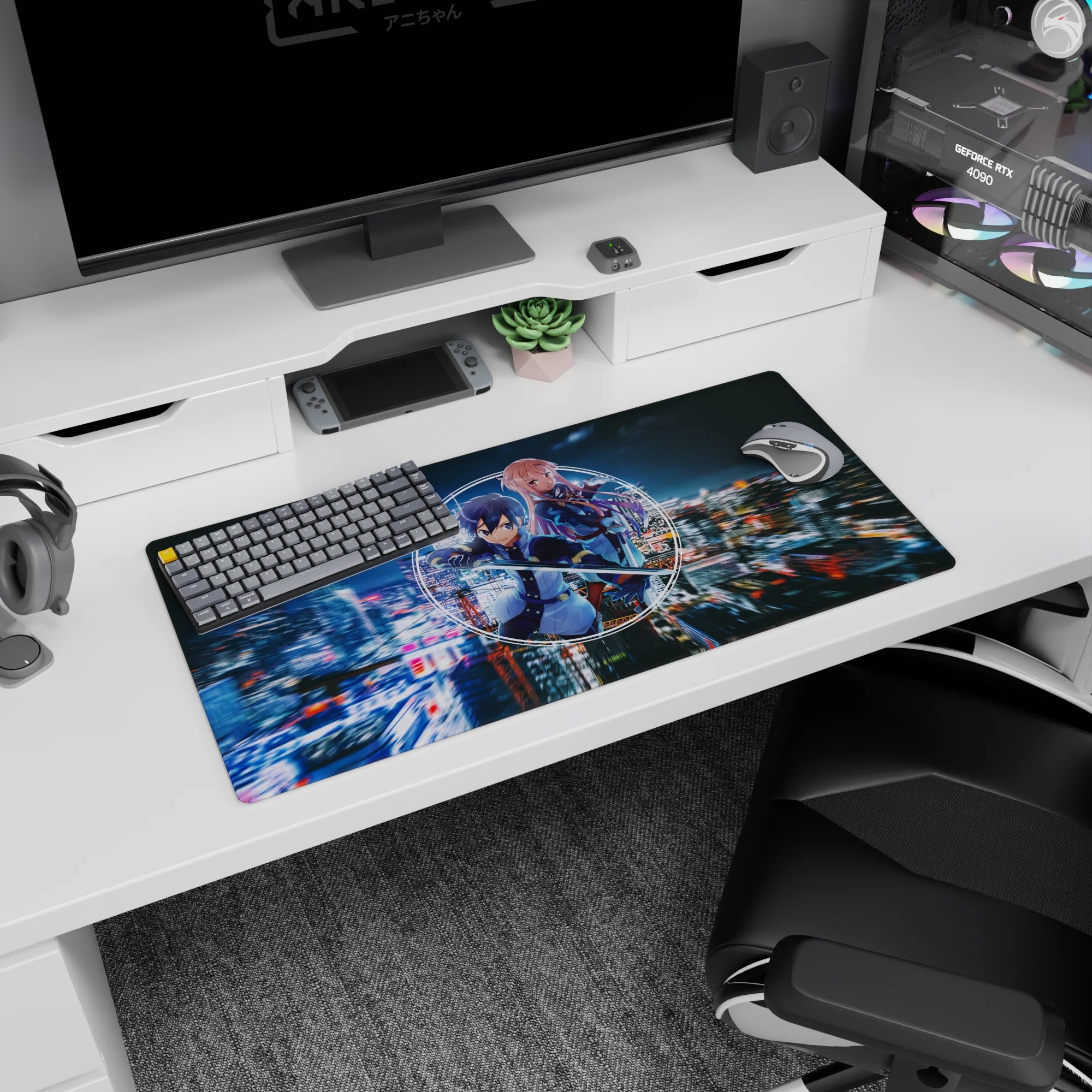 Anime mouse pad 32x16 inches featuring Kirito and Asuna in neon and indigo against a blurred cyber-city background.