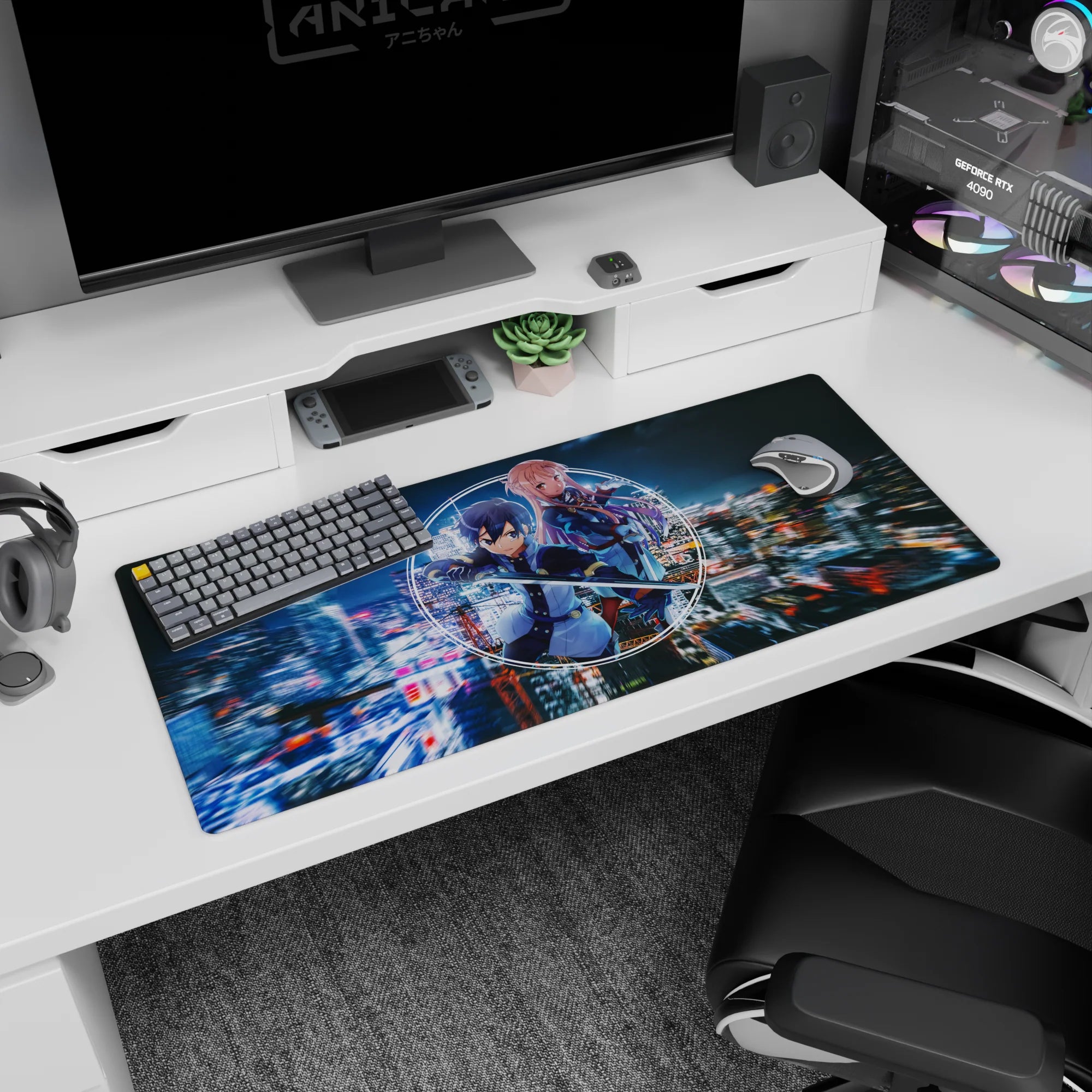 Anime desk pad 36x16 inches featuring Kirito and Asuna with neon and indigo tones against a cyber-city backdrop.
