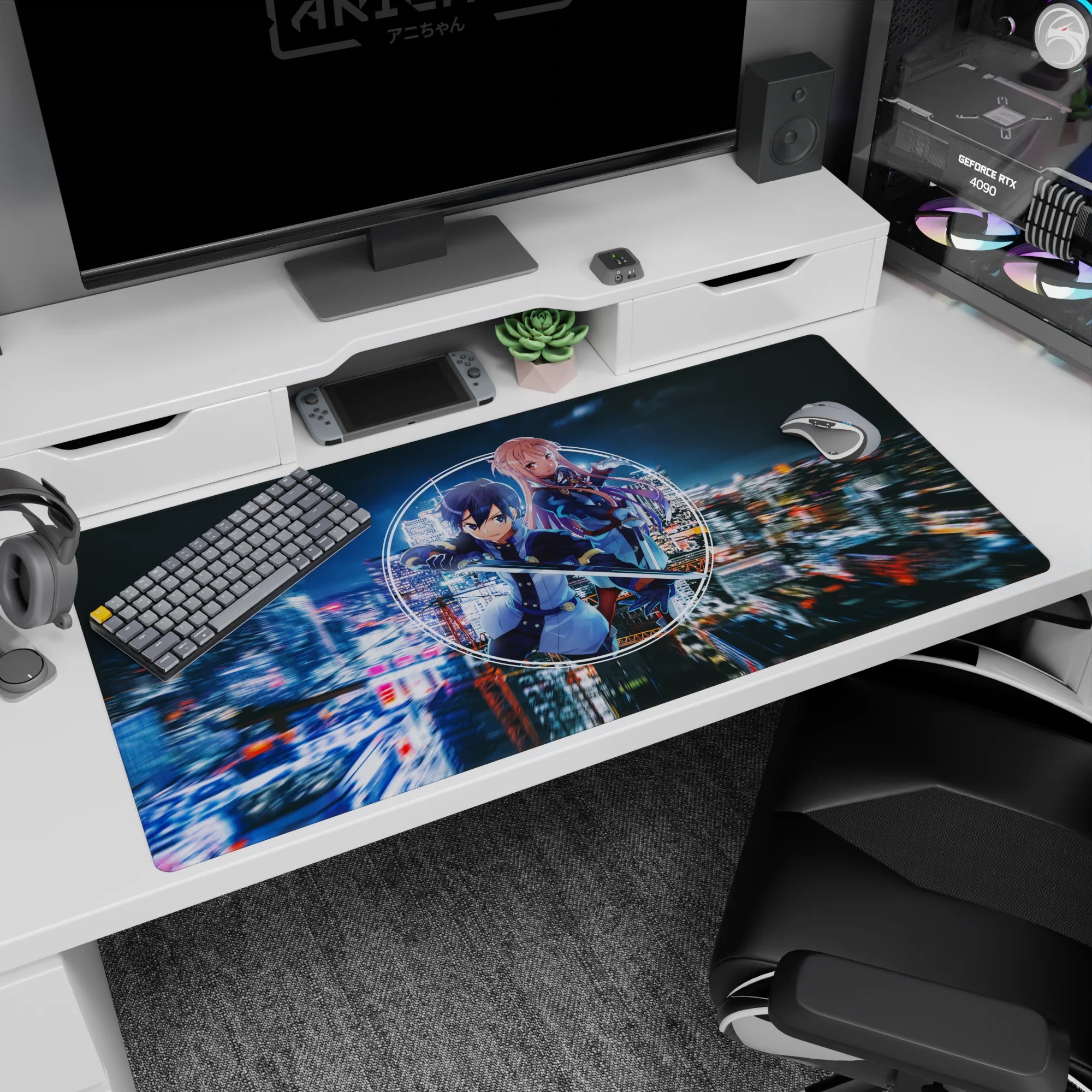 Anime desk pad 40x20 inches featuring Kirito and Asuna from Sword Art Online in neon and indigo tones, cyber-city background.