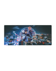 Anime mouse pad 28x12 inches featuring Kirito and Asuna in neon and indigo tones with a cyber-city backdrop.