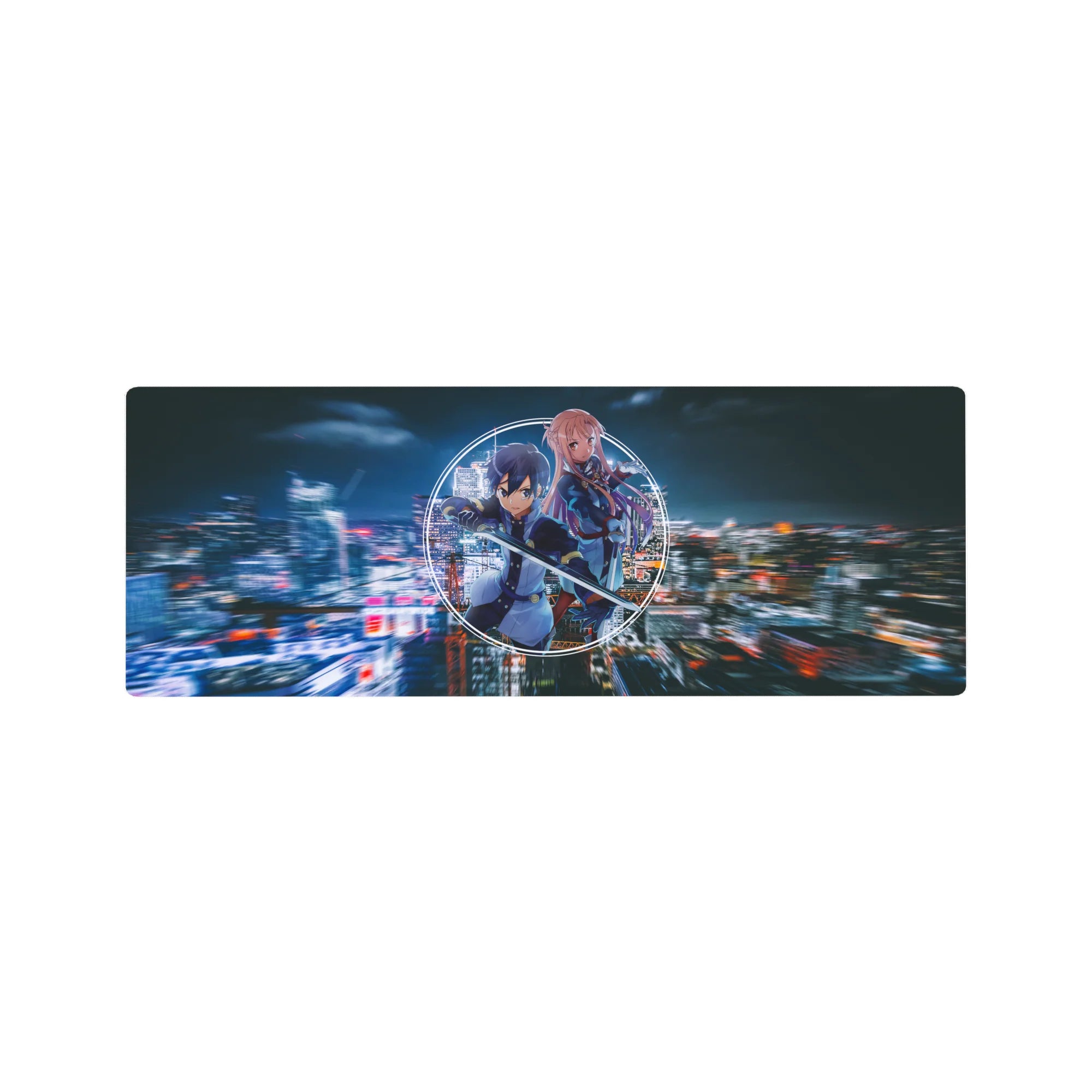 Anime mouse pad 32x12 inches featuring Kirito and Asuna in neon and indigo tones against a cyber-city background.