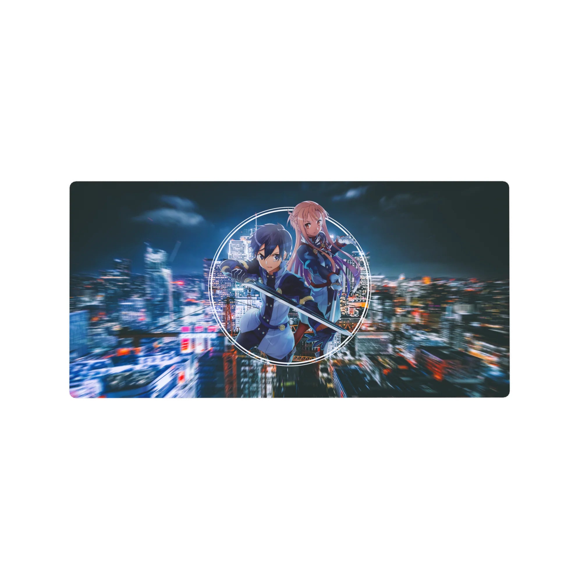 Anime mouse pad 32x16 inches featuring Kirito and Asuna in neon and indigo tones against a cyber-city backdrop.