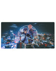 Anime mouse pad 32x16 inches featuring Kirito and Asuna in neon and indigo tones against a cyber-city backdrop.