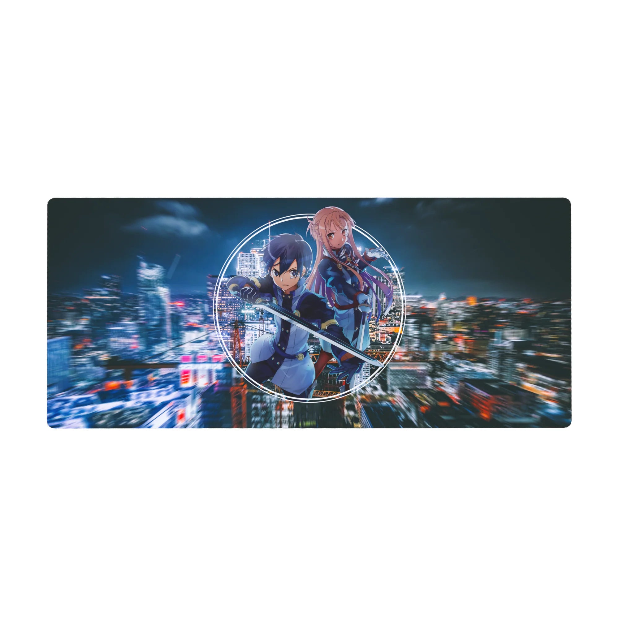 Anime desk pad 36x16 inches featuring Kirito and Asuna in neon and indigo colors with a cyber-city background.