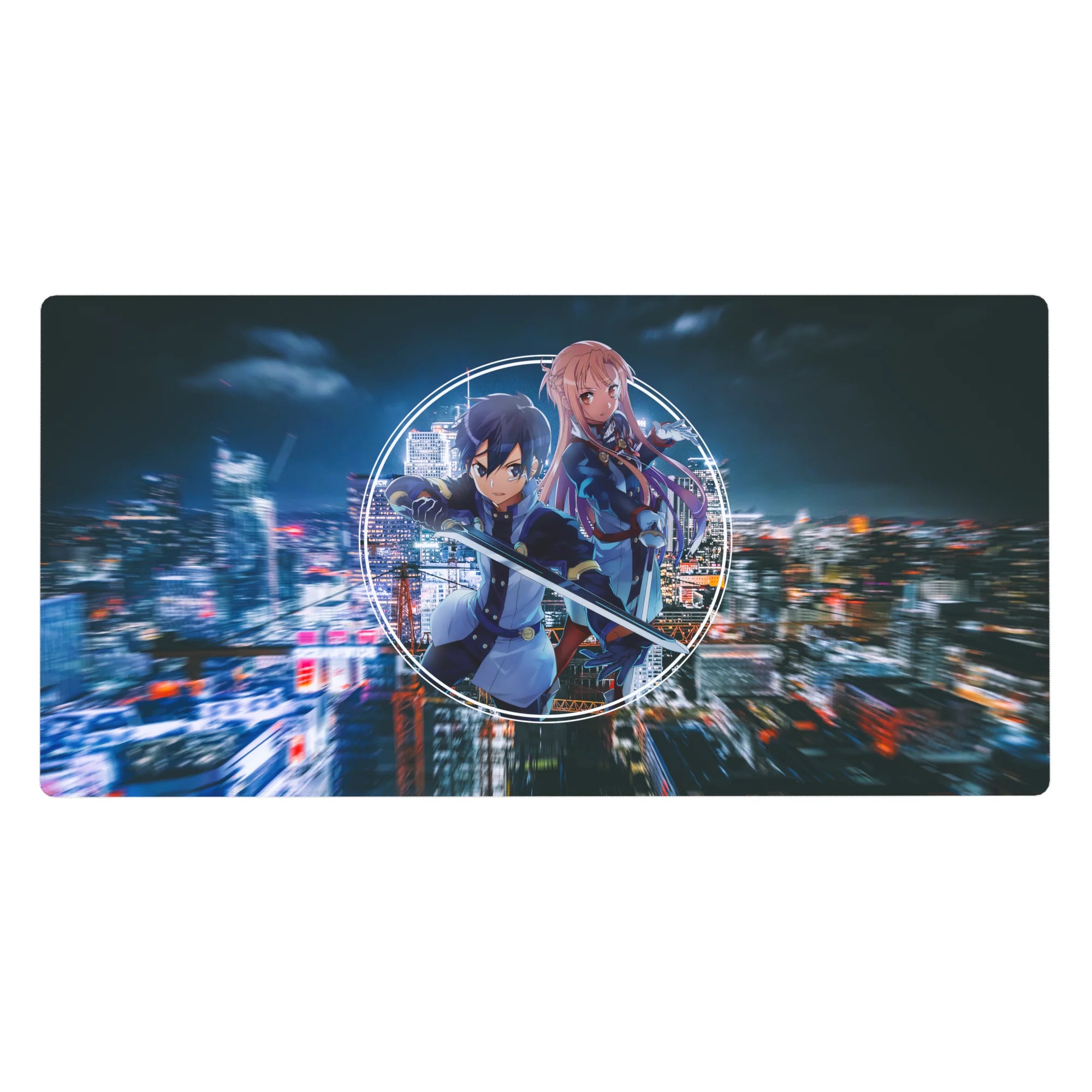Anime desk pad 40x20 inches featuring Kirito and Asuna in neon and indigo tones with cyber-city background.
