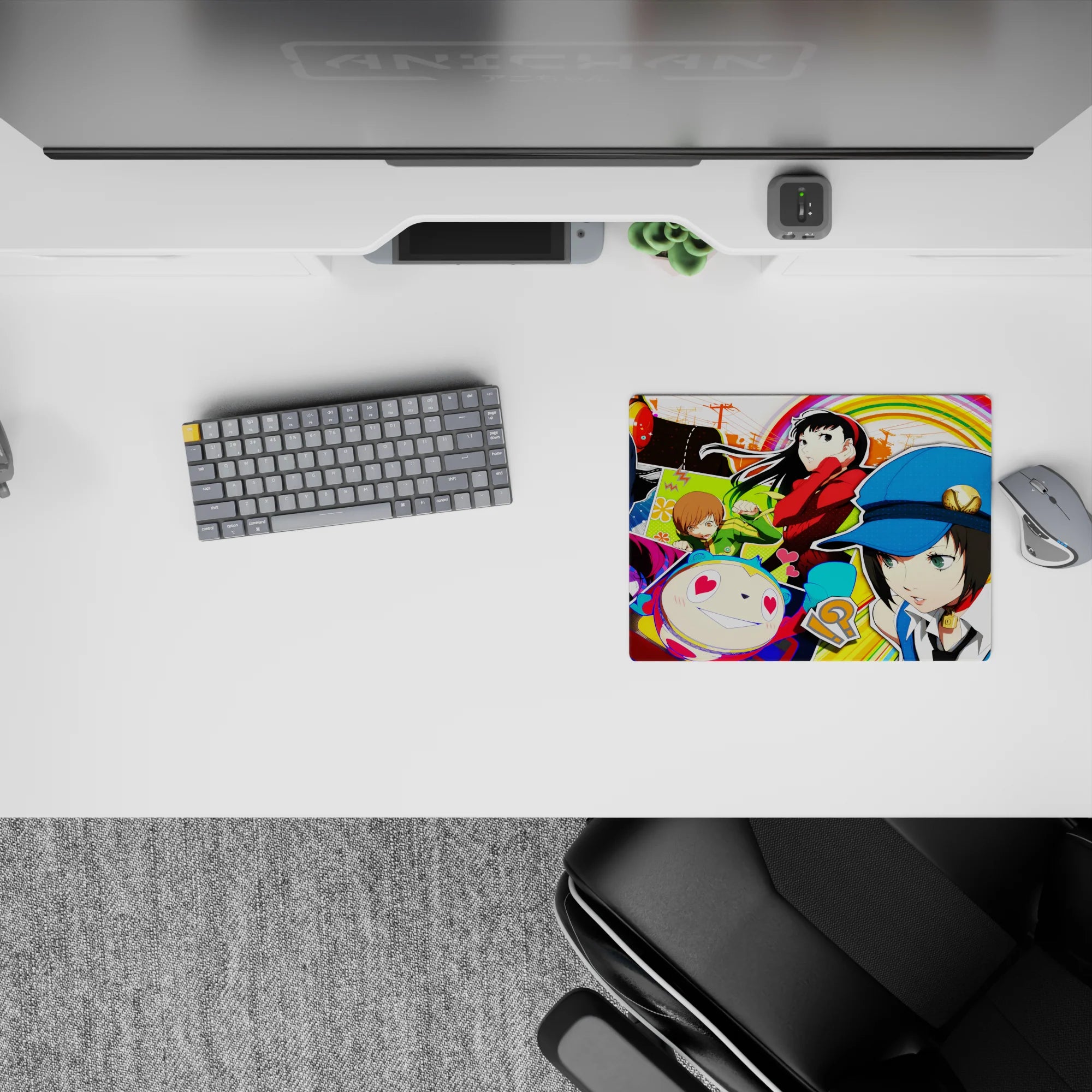 Anime mouse pad featuring Persona 4 characters Yu, Chie, Yukiko, and Teddie, vibrant colors, size 14x10 inches.