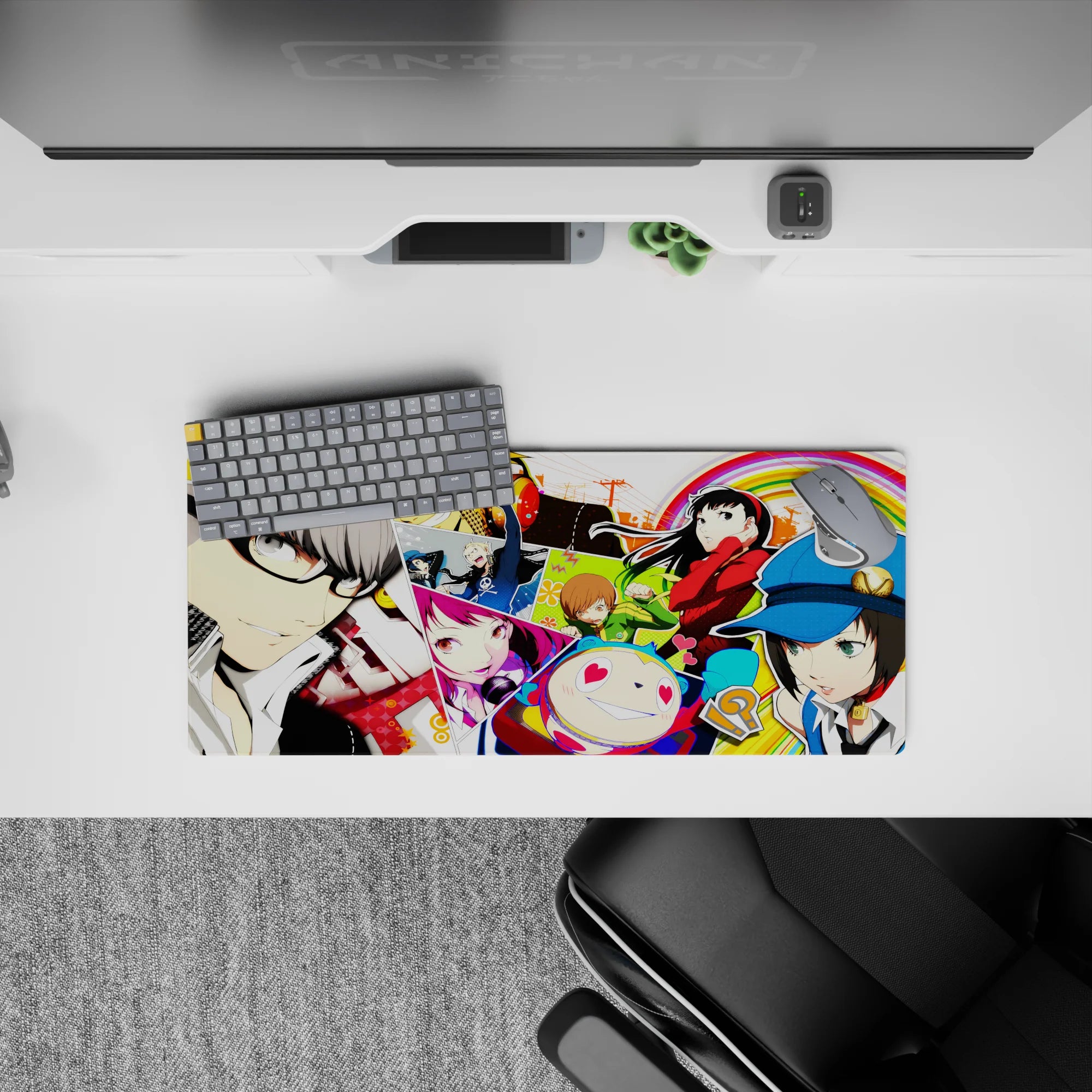 Anime mouse pad featuring Persona 4 characters Yu, Chie, Yukiko, and Teddie in vibrant colors, size 28x12 inches.