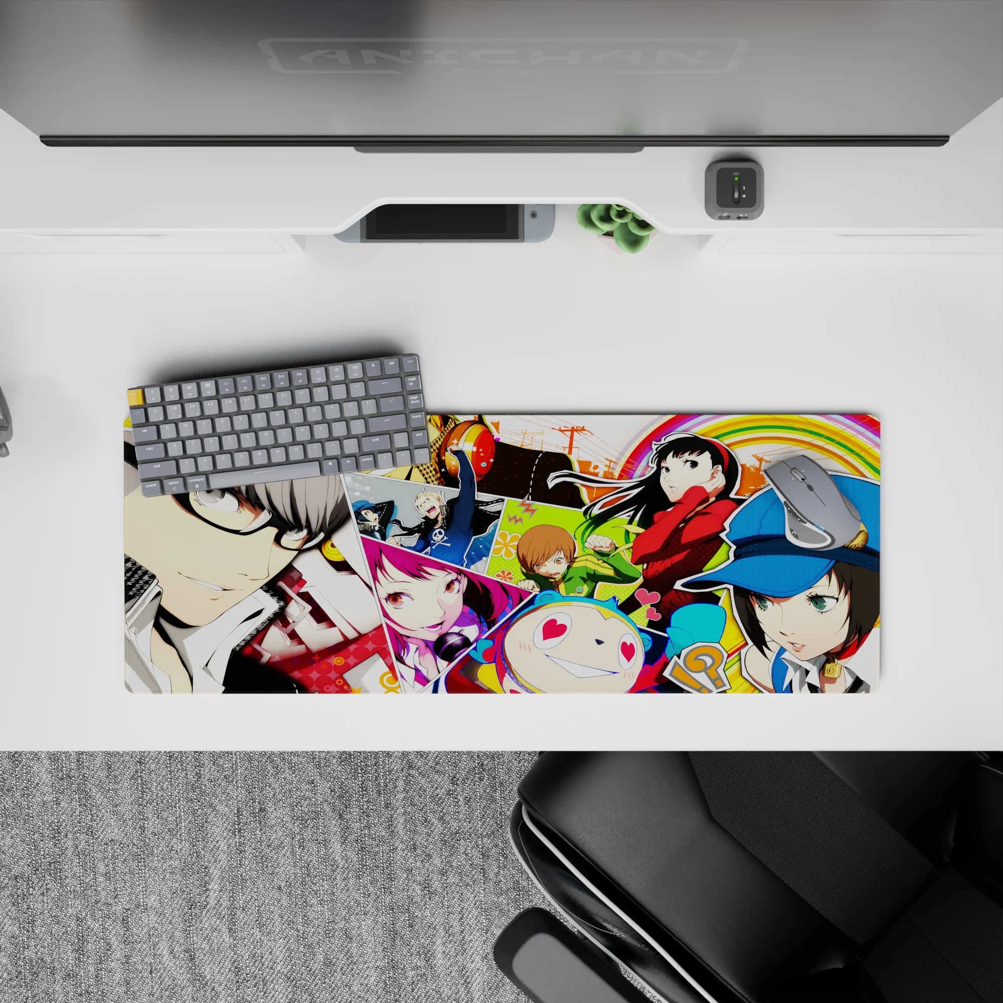 Anime mouse pad 32x12 inches featuring Persona 4 characters Yu, Chie, Yukiko, Teddie in vibrant, colorful design.