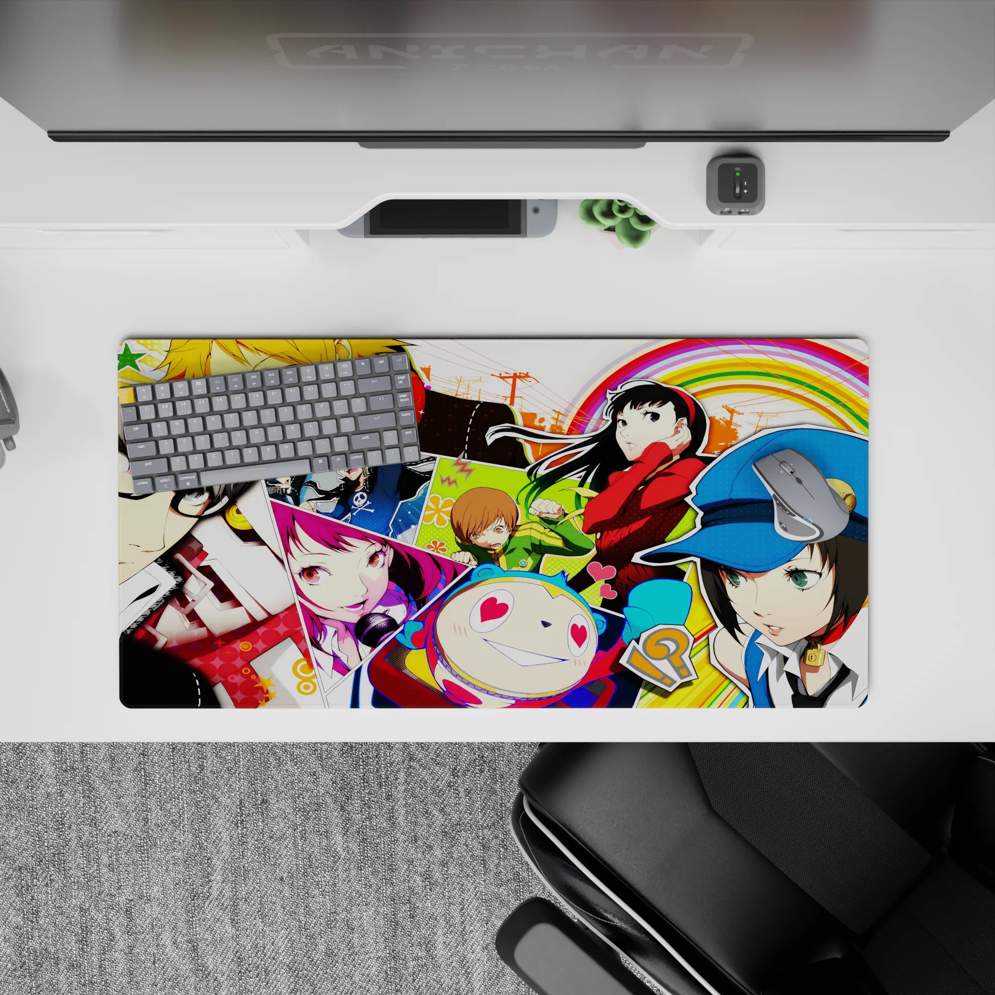 Persona 4 anime mouse pad 32x16 inches featuring Yu, Chie, Yukiko, and Teddie, bursting with vibrant colors and flair.