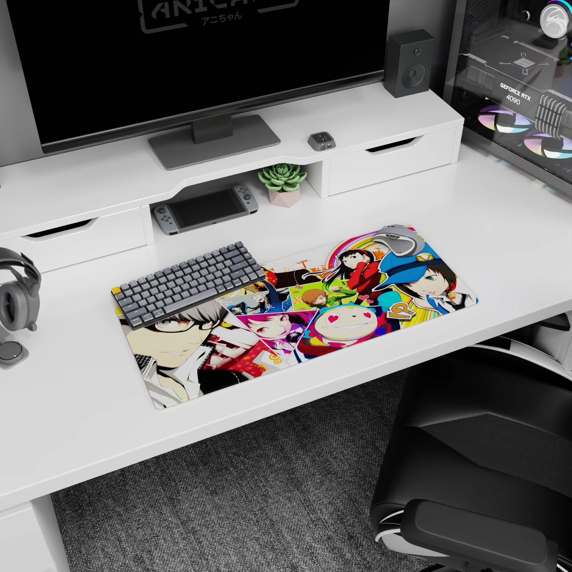 Anime mouse pad featuring Persona 4 characters Yu, Chie, Yukiko, and Teddie in vibrant colors, size 28x12 inches.