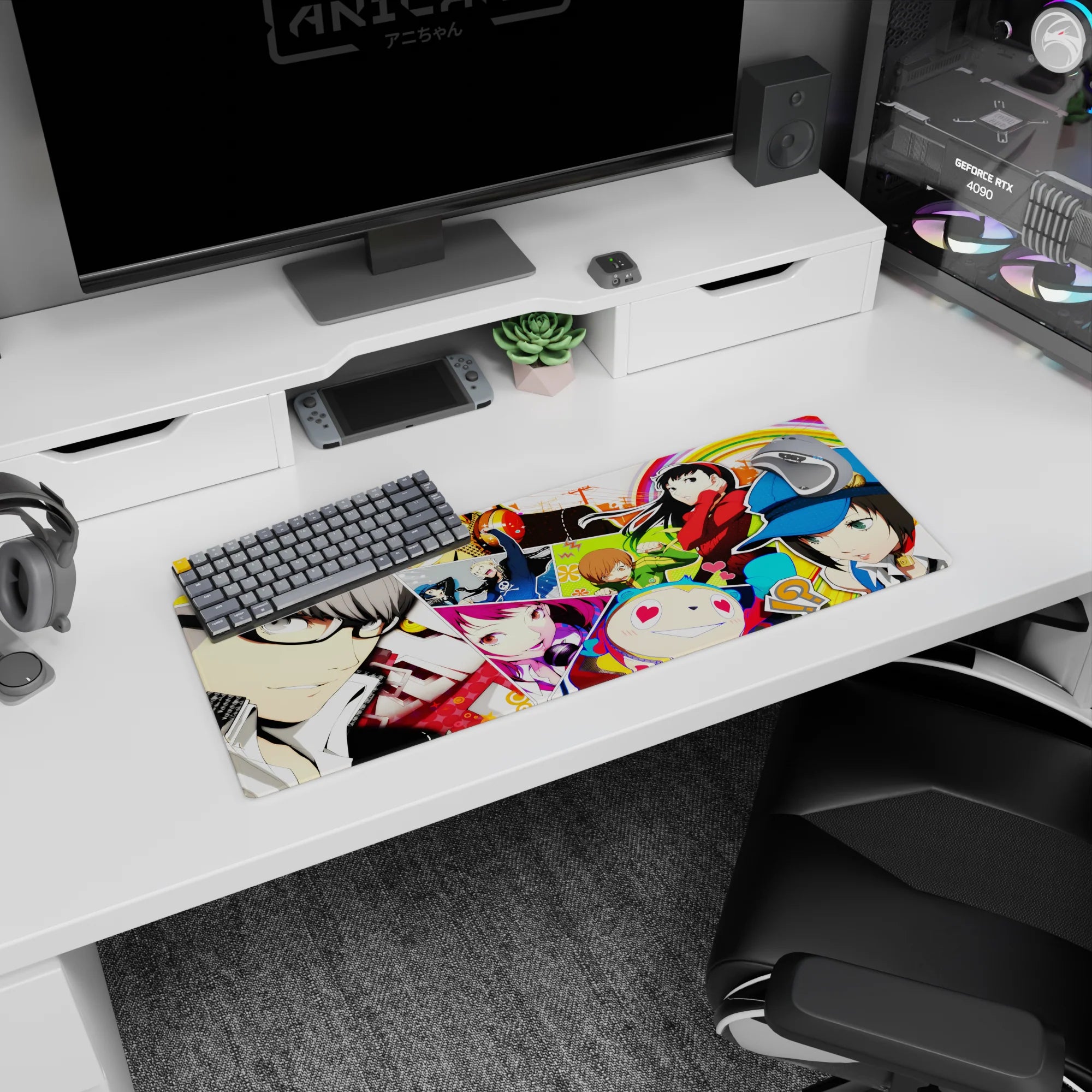 Anime mouse pad 32x12 inches featuring Persona 4 characters Yu, Chie, Yukiko, Teddie in vibrant colors.