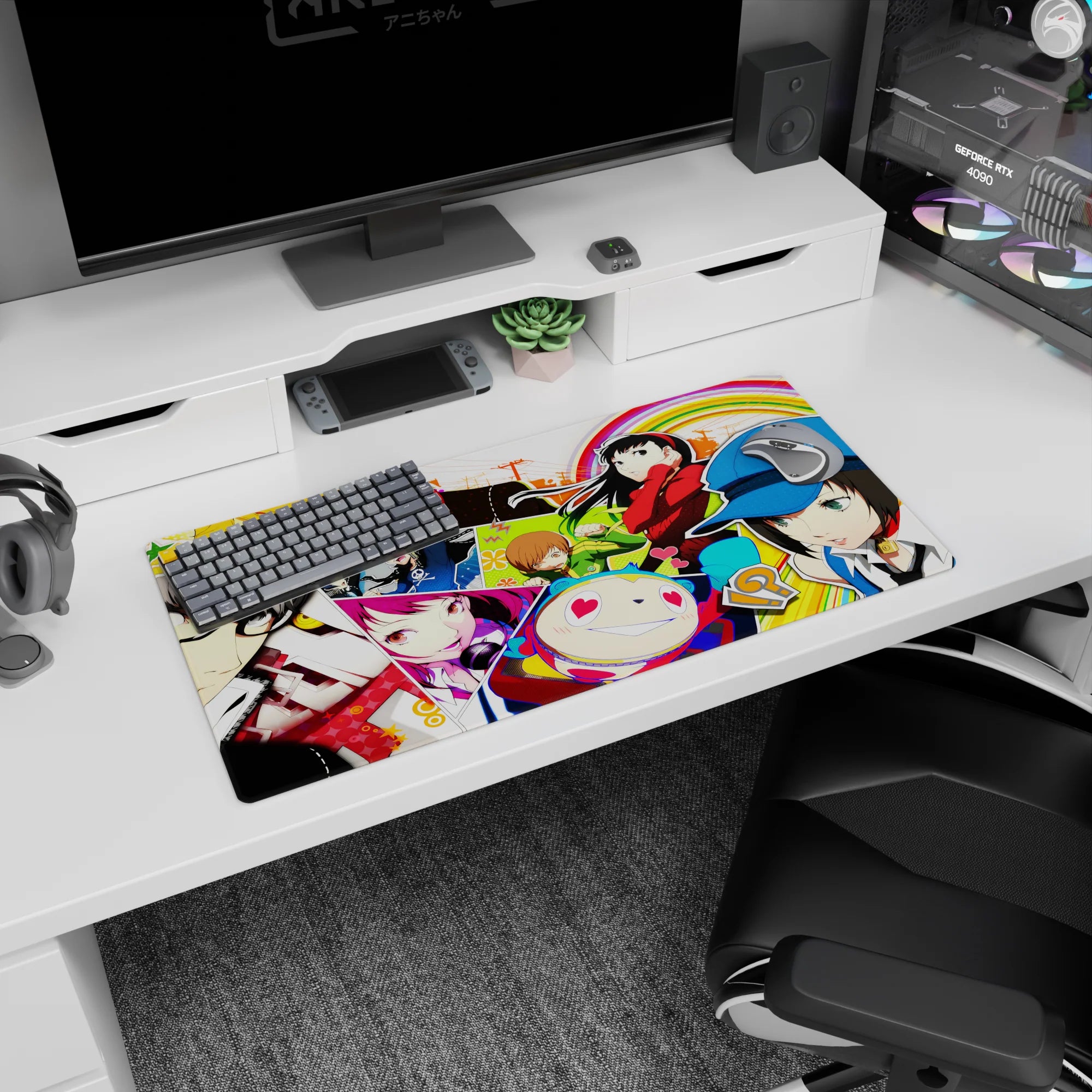 Vibrant 32x16 inch anime mouse pad featuring Persona 4 characters Yu, Chie, Yukiko, and Teddie in bold, colorful design.