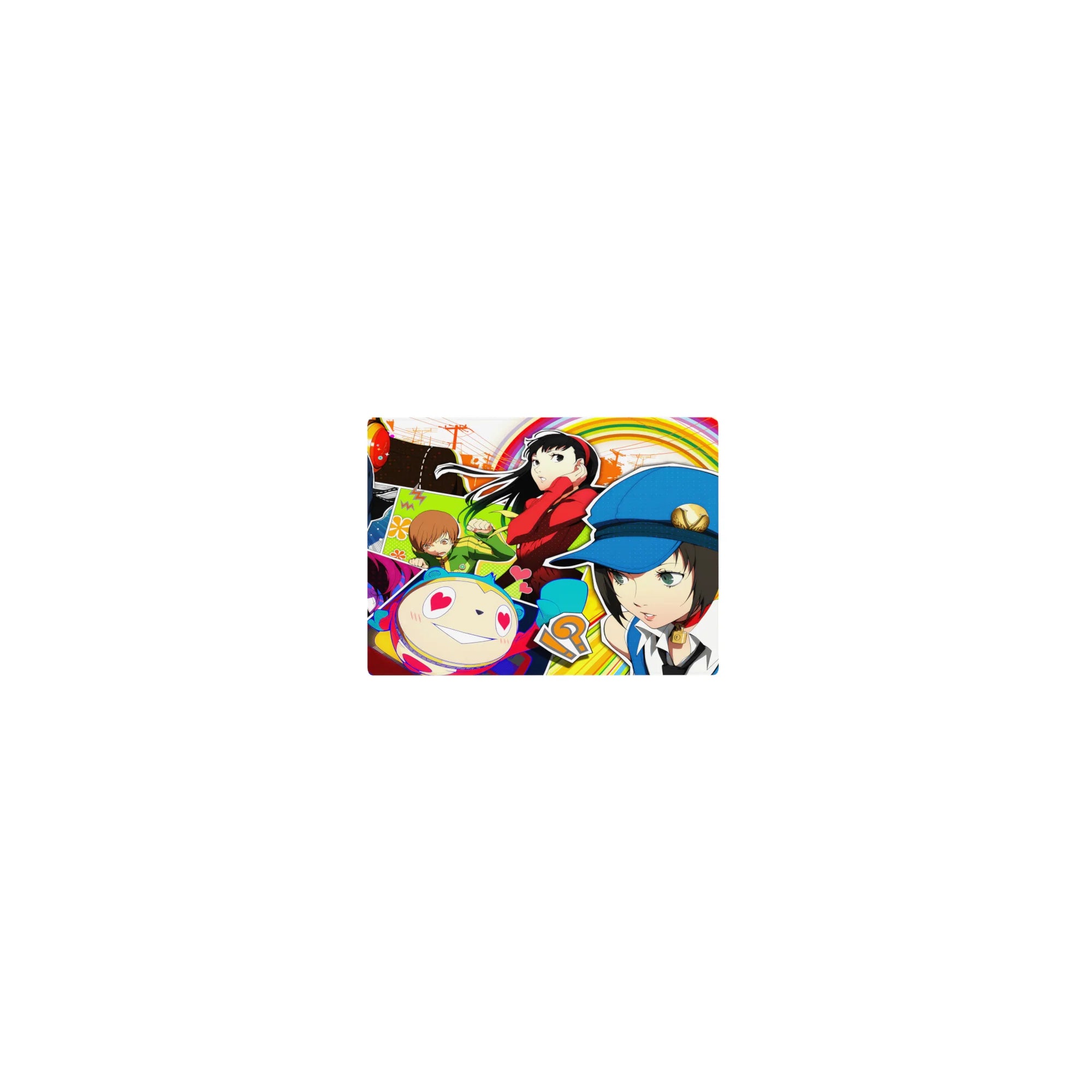 Persona 4 anime mouse pad featuring Yu, Chie, Yukiko, and Teddie in vibrant colors, size 14x10 inches.