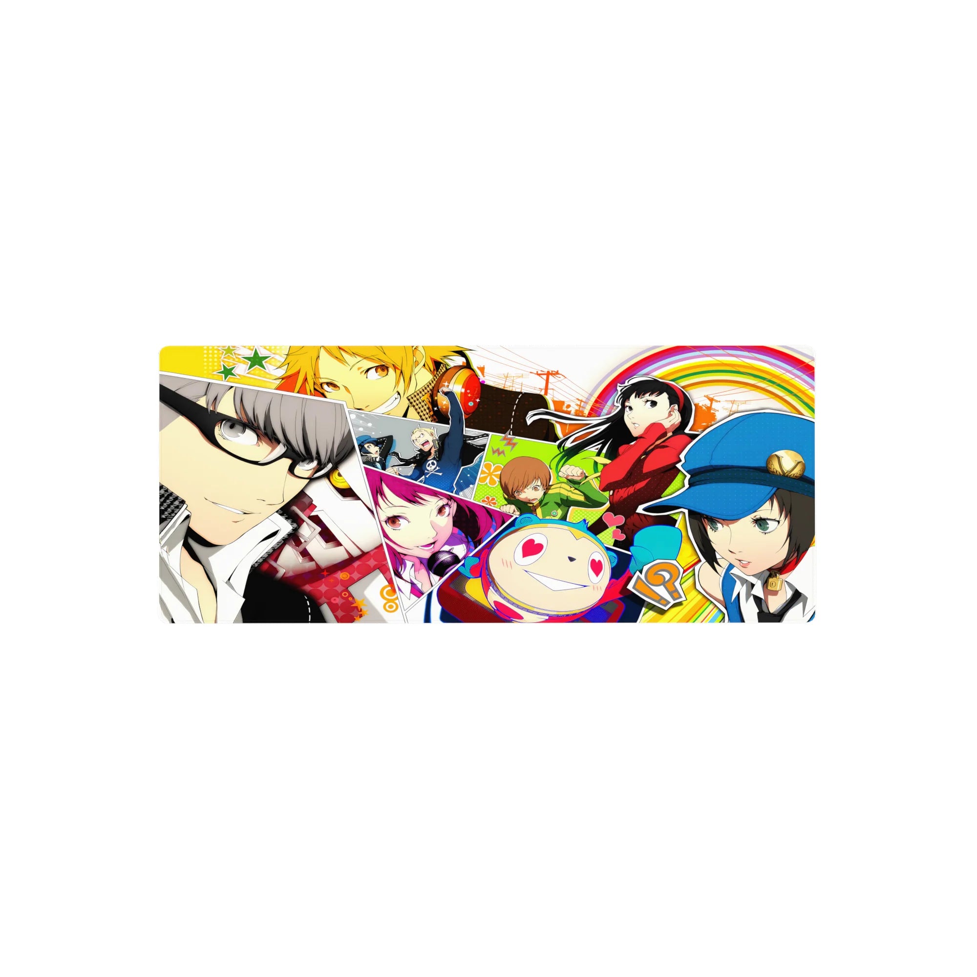 Persona 4 anime mouse pad featuring Yu, Chie, Yukiko, and Teddie in vibrant colors, size 28x12 inches.