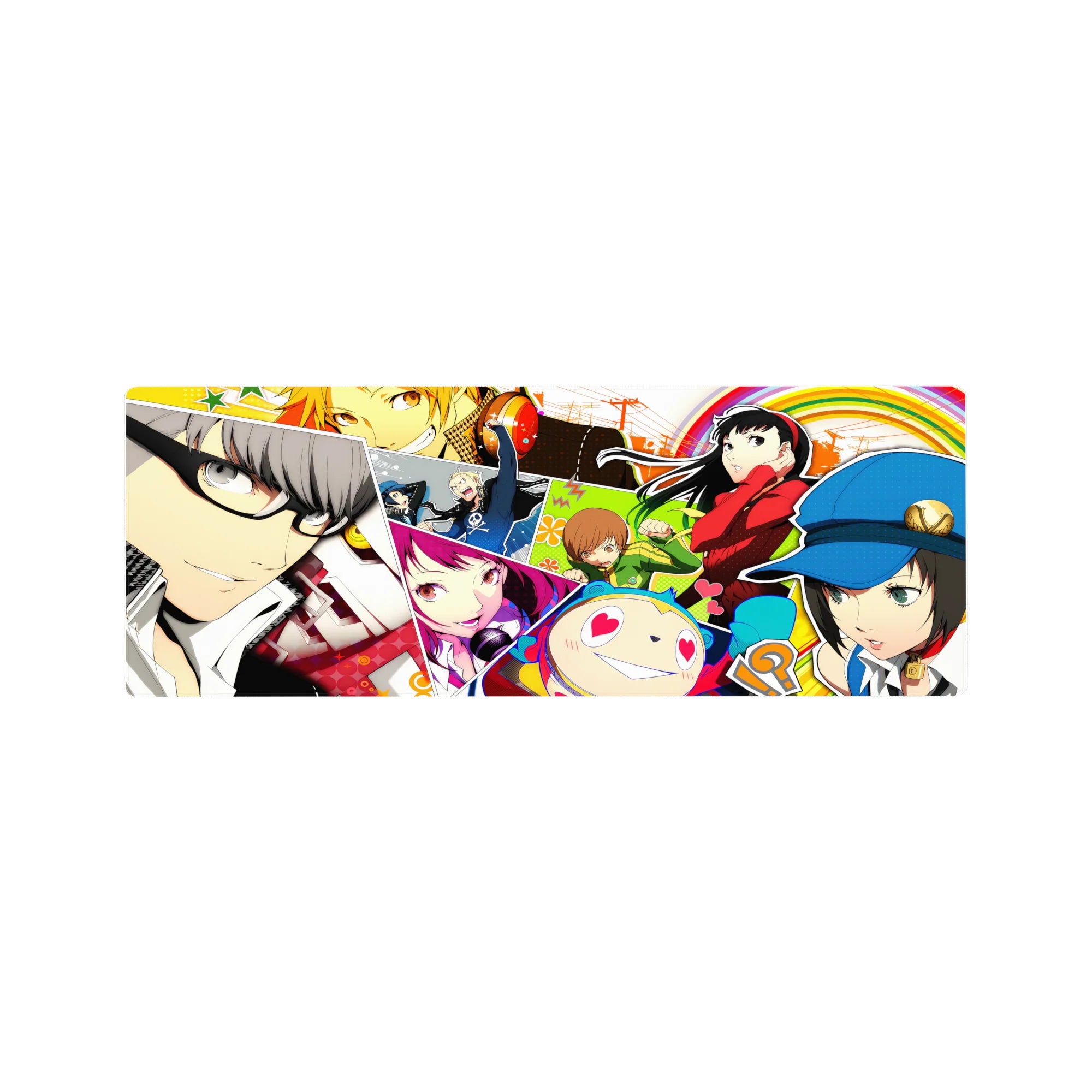 Anime mouse pad featuring Yu, Chie, Yukiko, Teddie from Persona 4, vibrant colors, 32x12 inches, energetic and nostalgic.
