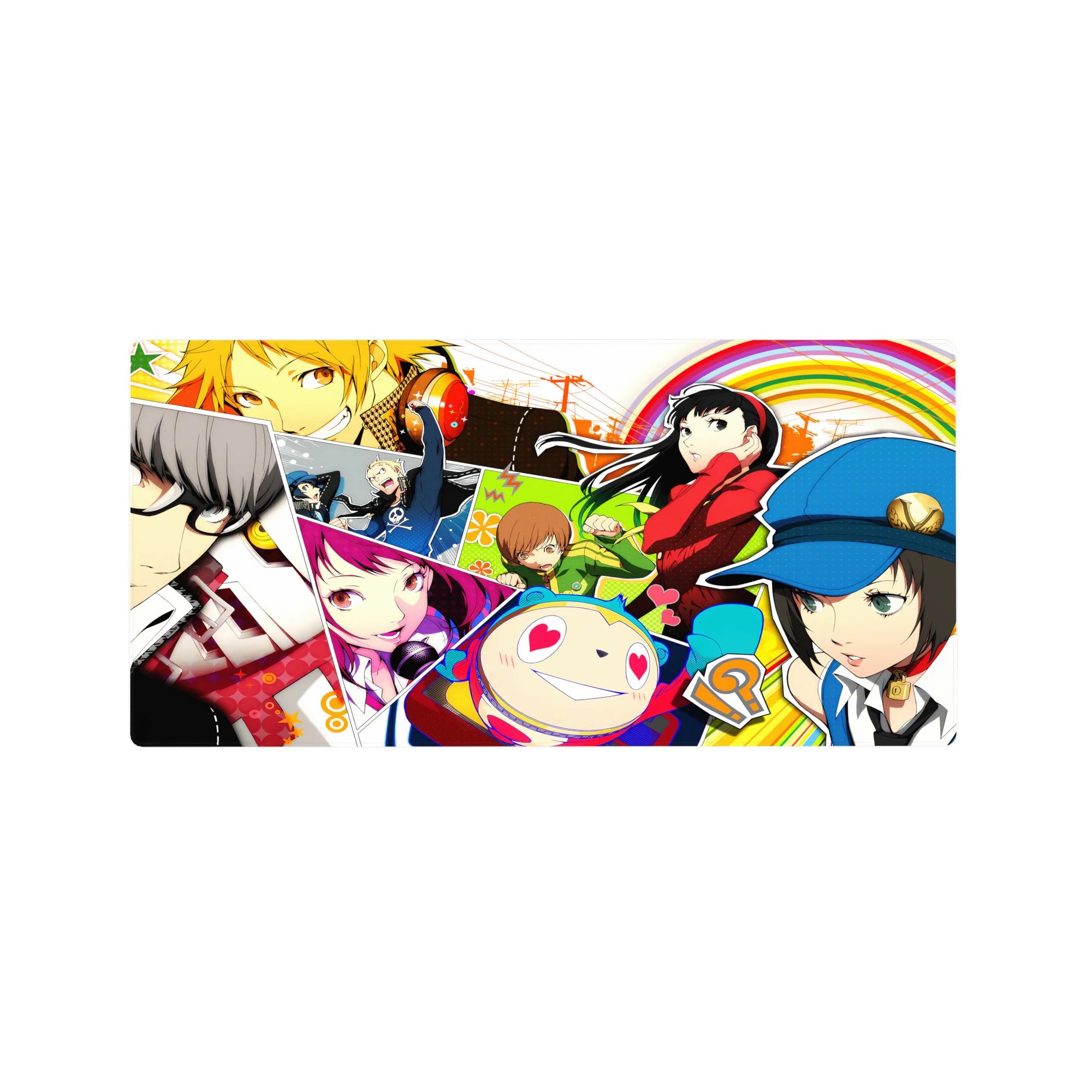 Anime mouse pad 32x16 inches featuring Persona 4 characters Yu, Chie, Yukiko, and Teddie in vibrant colors.