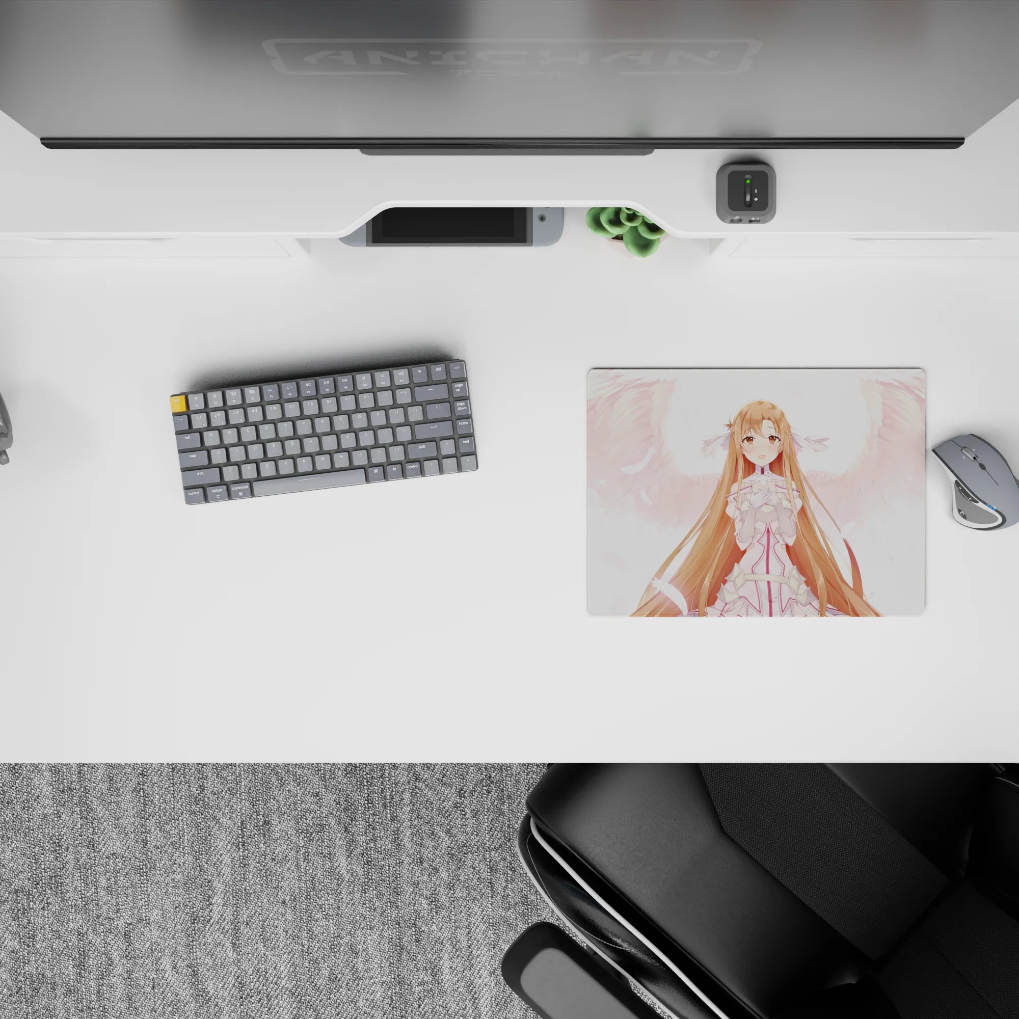 Asuna anime mouse pad, 14x10 inches, featuring angelic whites and pink feathers, exuding a gentle, magical aura.