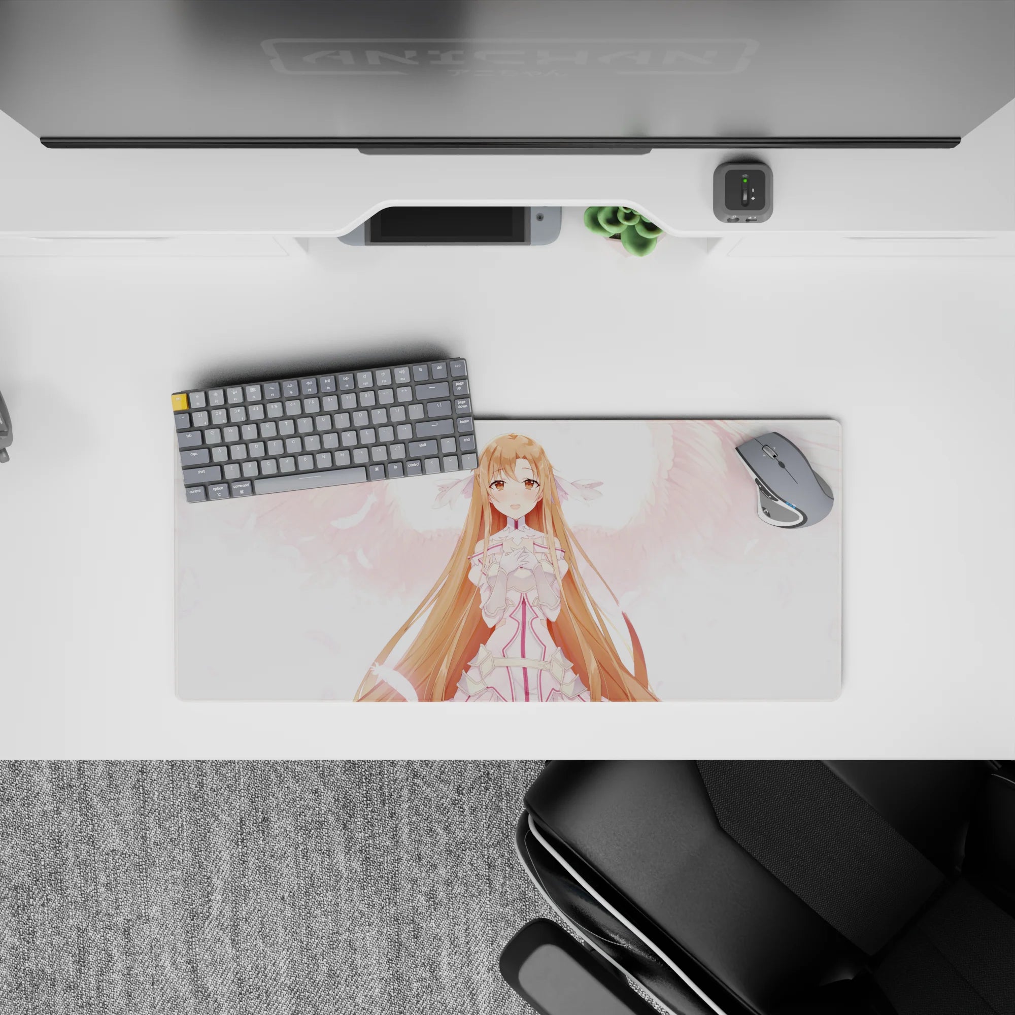 Asuna anime mouse pad, 28x12 inches, features her glowing in angelic whites and pinks with feathers, creating a magical aura.