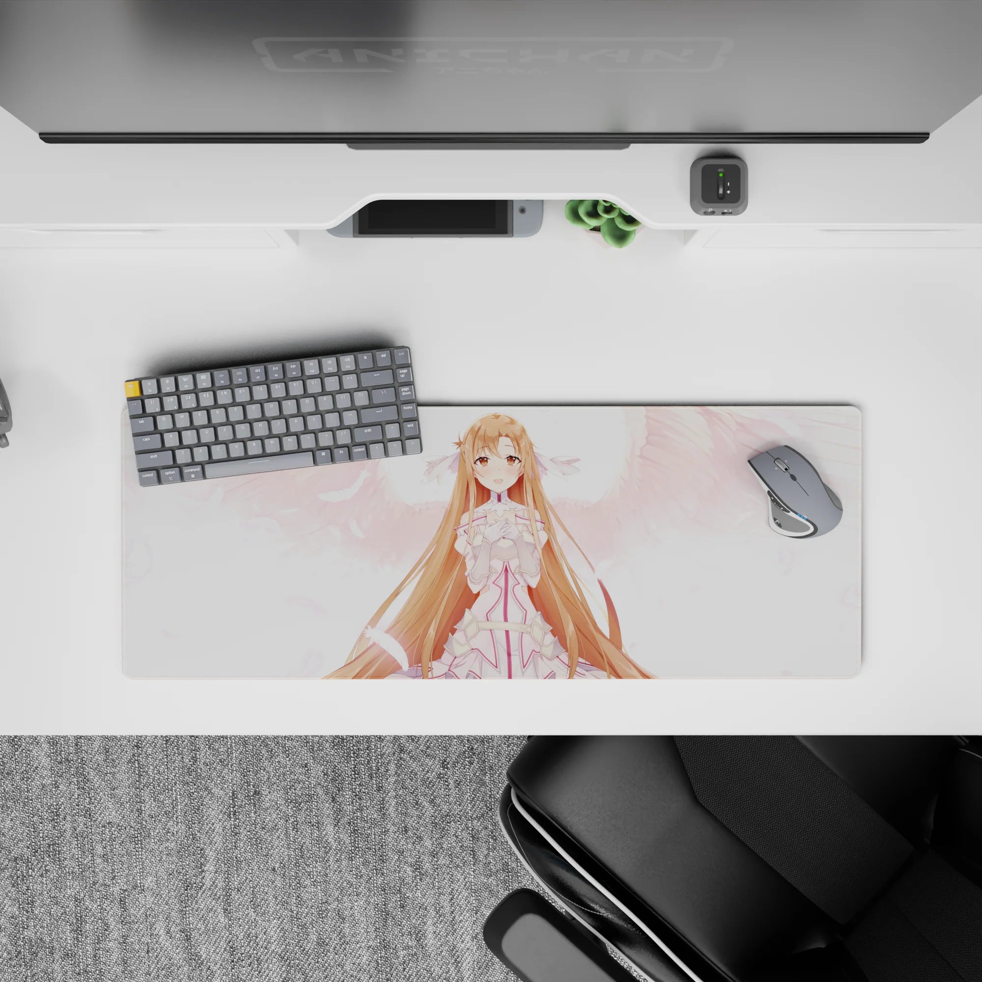 Asuna anime mouse pad, 32x12 inches, showcasing Asuna with pink feathers and angelic whites for a magical desk setup.