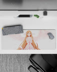 Asuna anime mouse pad, 32x12 inches, showcasing Asuna with pink feathers and angelic whites for a magical desk setup.