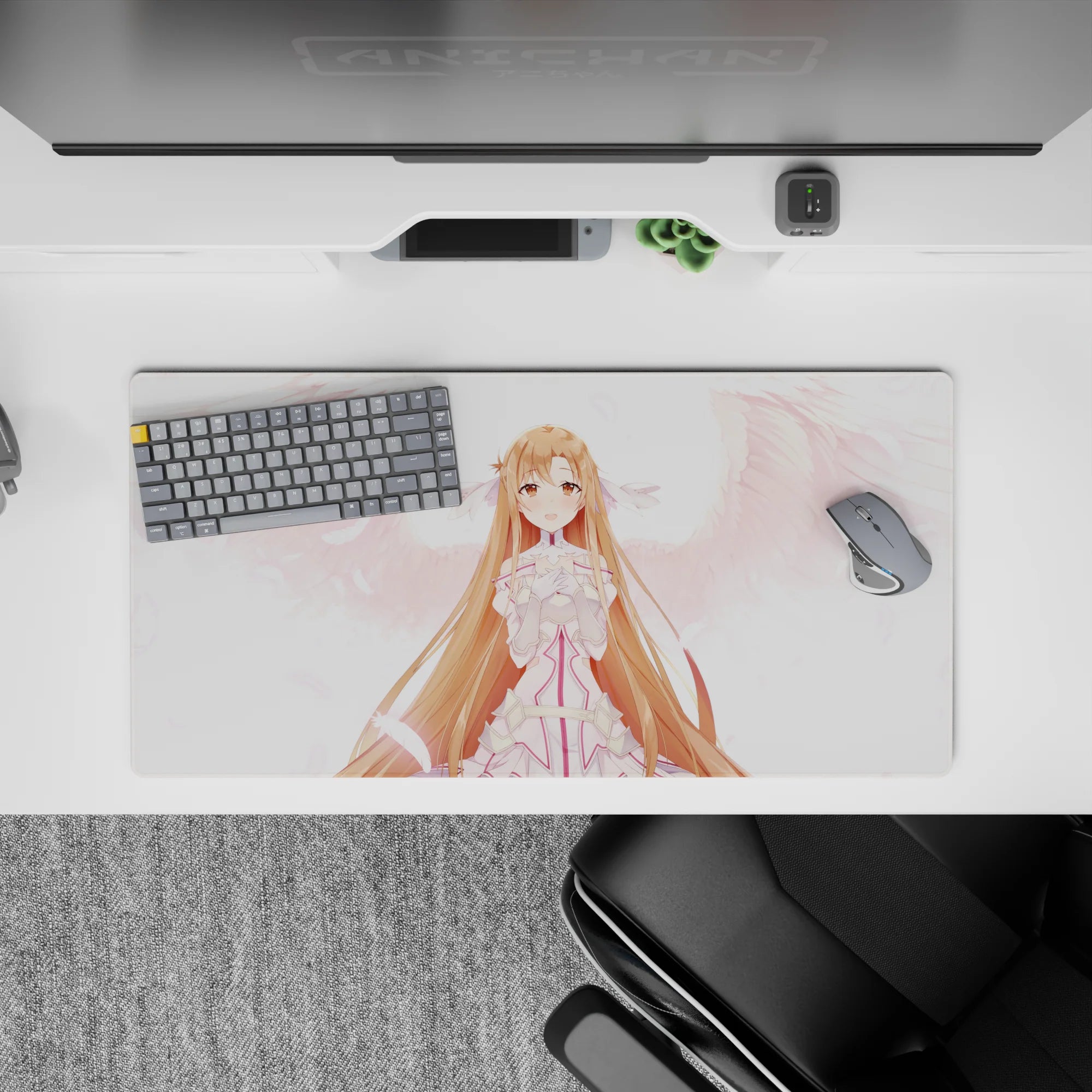 Asuna anime mouse pad 32x16 inches, featuring gentle pastel colors and a serene design with pink feathers and angelic whites.