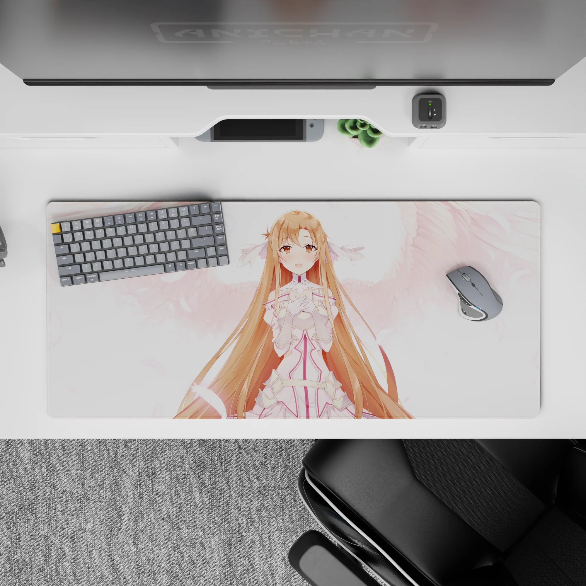 Anime desk pad 36x16 inches featuring Asuna from Sword Art Online with soft blush, pink feathers, and a gentle smile.