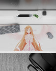 Anime desk pad 36x16 inches featuring Asuna from Sword Art Online with soft blush, pink feathers, and a gentle smile.