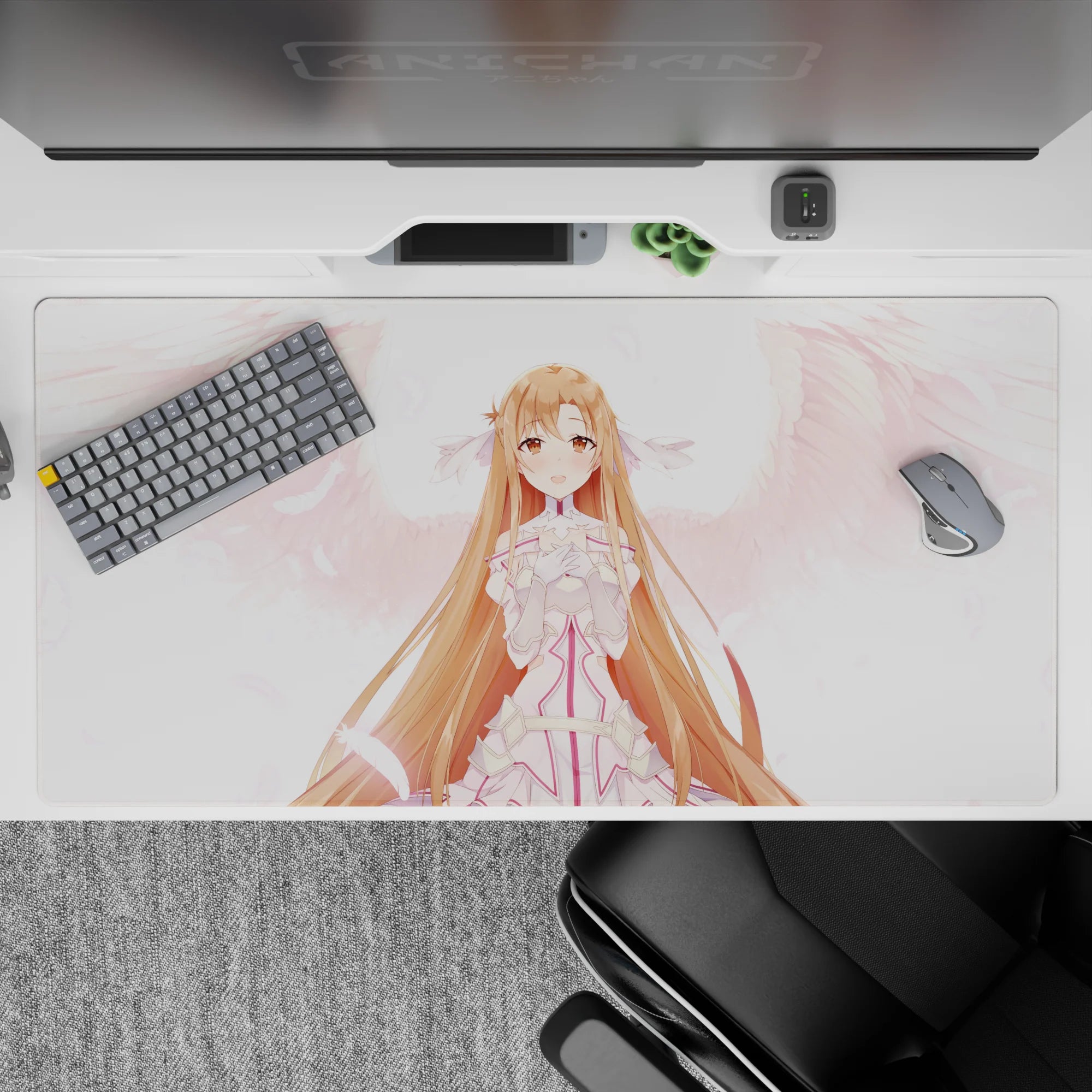 Desk pad 40x20 inches featuring Asuna from Sword Art Online, with soft blush tones and dreamy pink feathers.