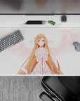 Desk pad 40x20 inches featuring Asuna from Sword Art Online, with soft blush tones and dreamy pink feathers.