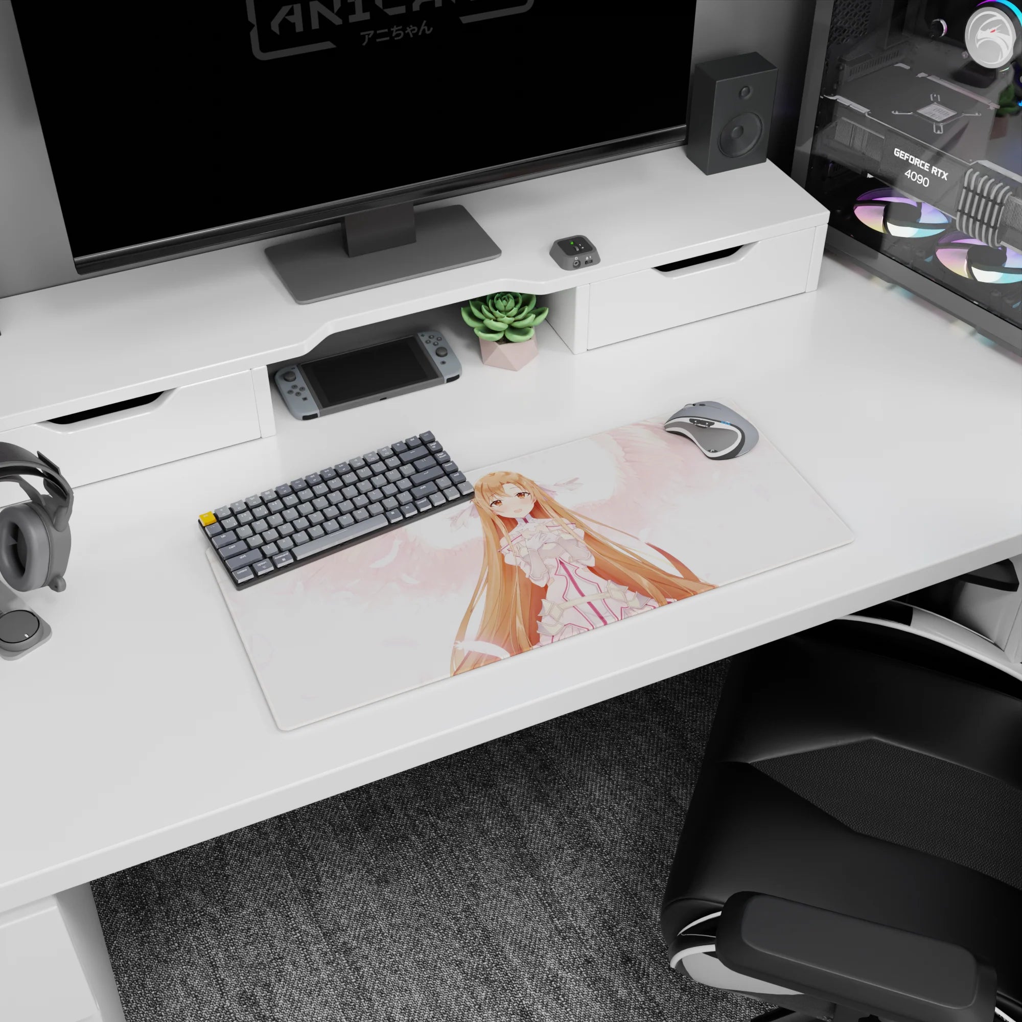 Asuna anime mouse pad, 28x12 inches, featuring angelic whites and pinks, with a serene, magical design.