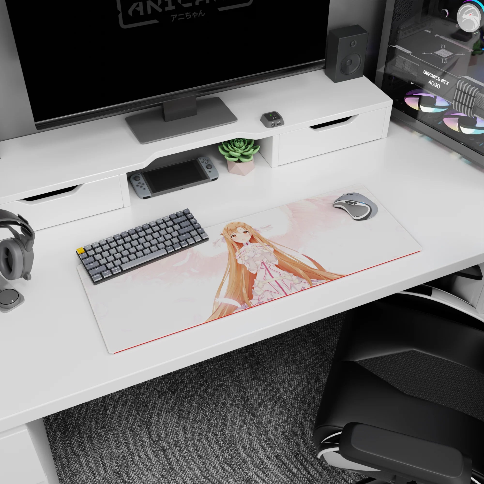 Asuna anime mouse pad, 32x12 inches, featuring soft blush tones, pink feathers, and a gentle smile for a magical desk setup.