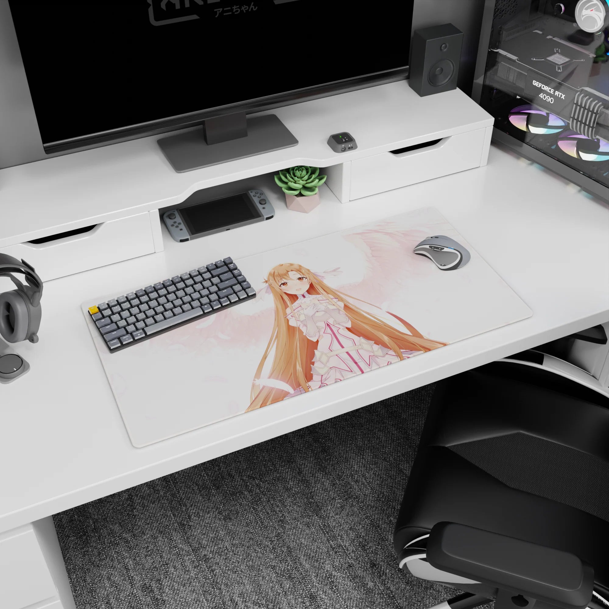 Asuna anime mouse pad 32x16 inches featuring angelic whites, dreamy pink feathers, and a gentle smile for a magical feel.