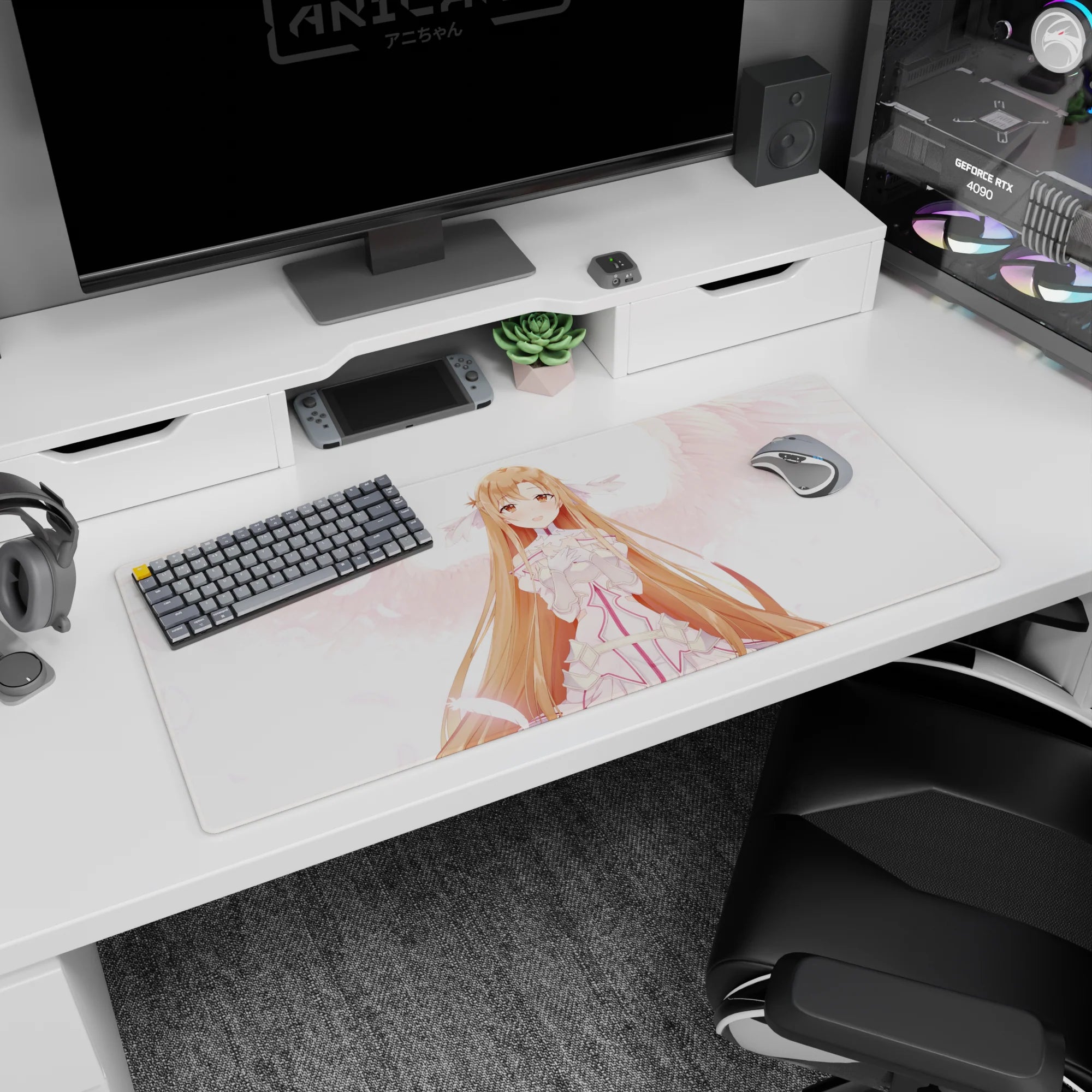 Anime desk pad 36x16 inches featuring Asuna from Sword Art Online, with soft blush and pink feathers, offers a magical touch.