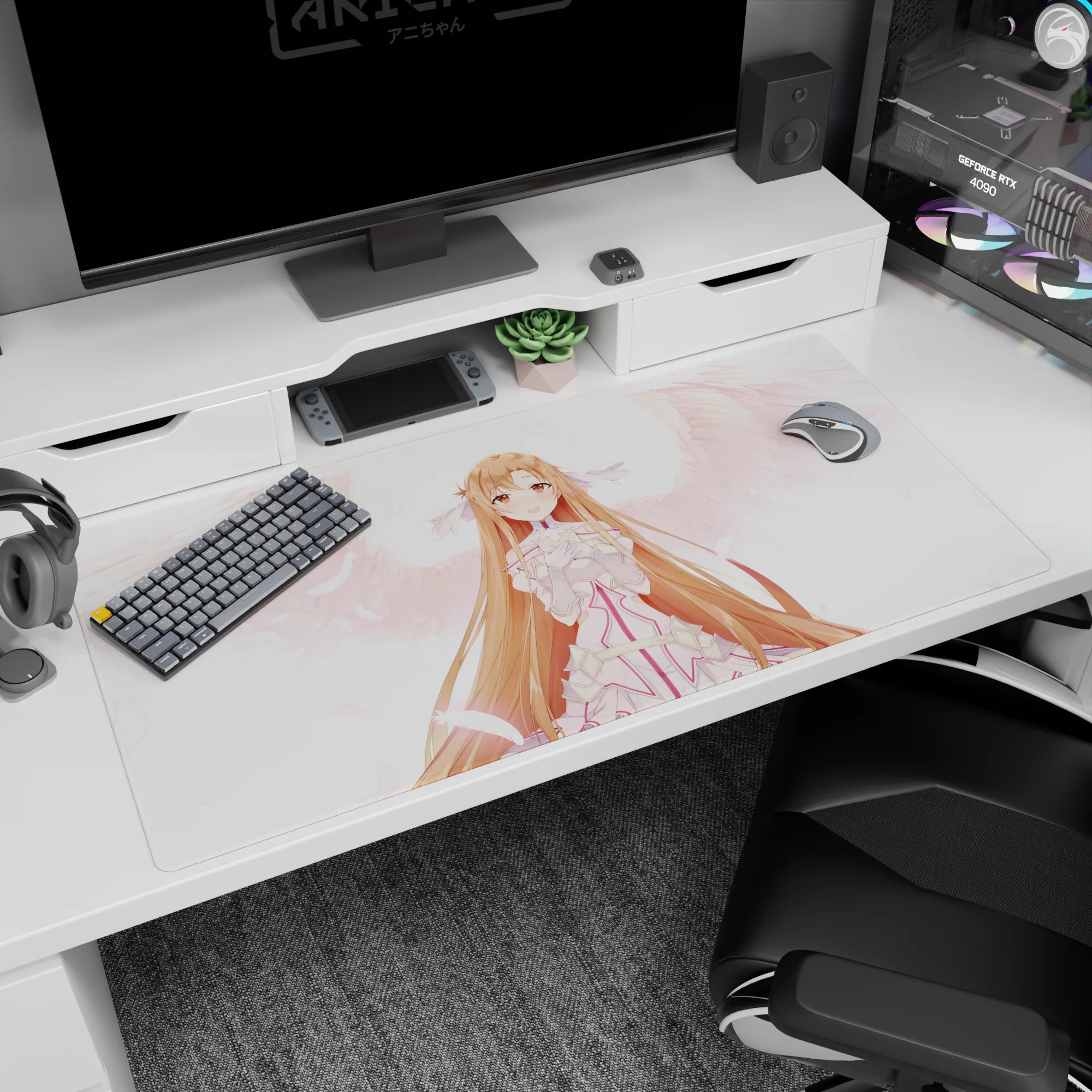 Asuna desk pad 40x20 inches, featuring angelic whites and dreamy pink feathers, adds a magical touch to your workspace.
