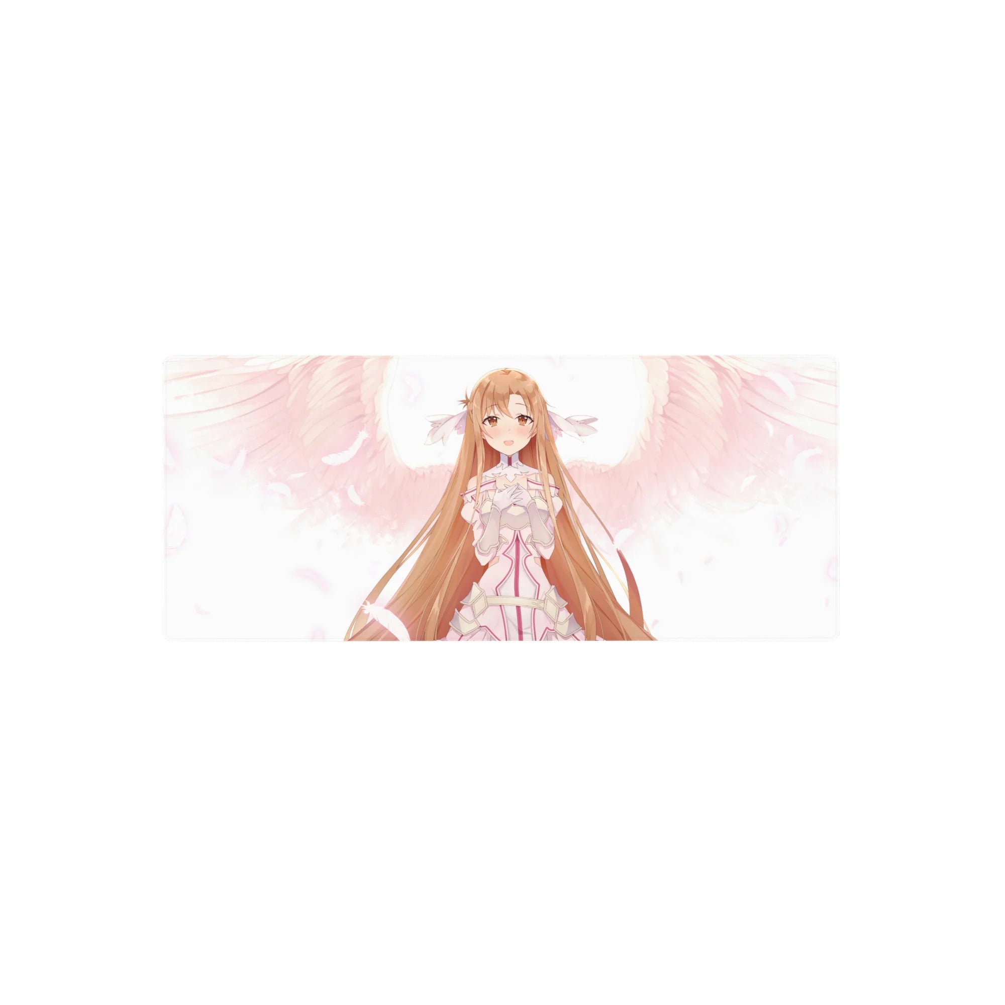Anime mouse pad 28x12 inches featuring Asuna with angelic whites and pink feathers, offering a magical, serene vibe.