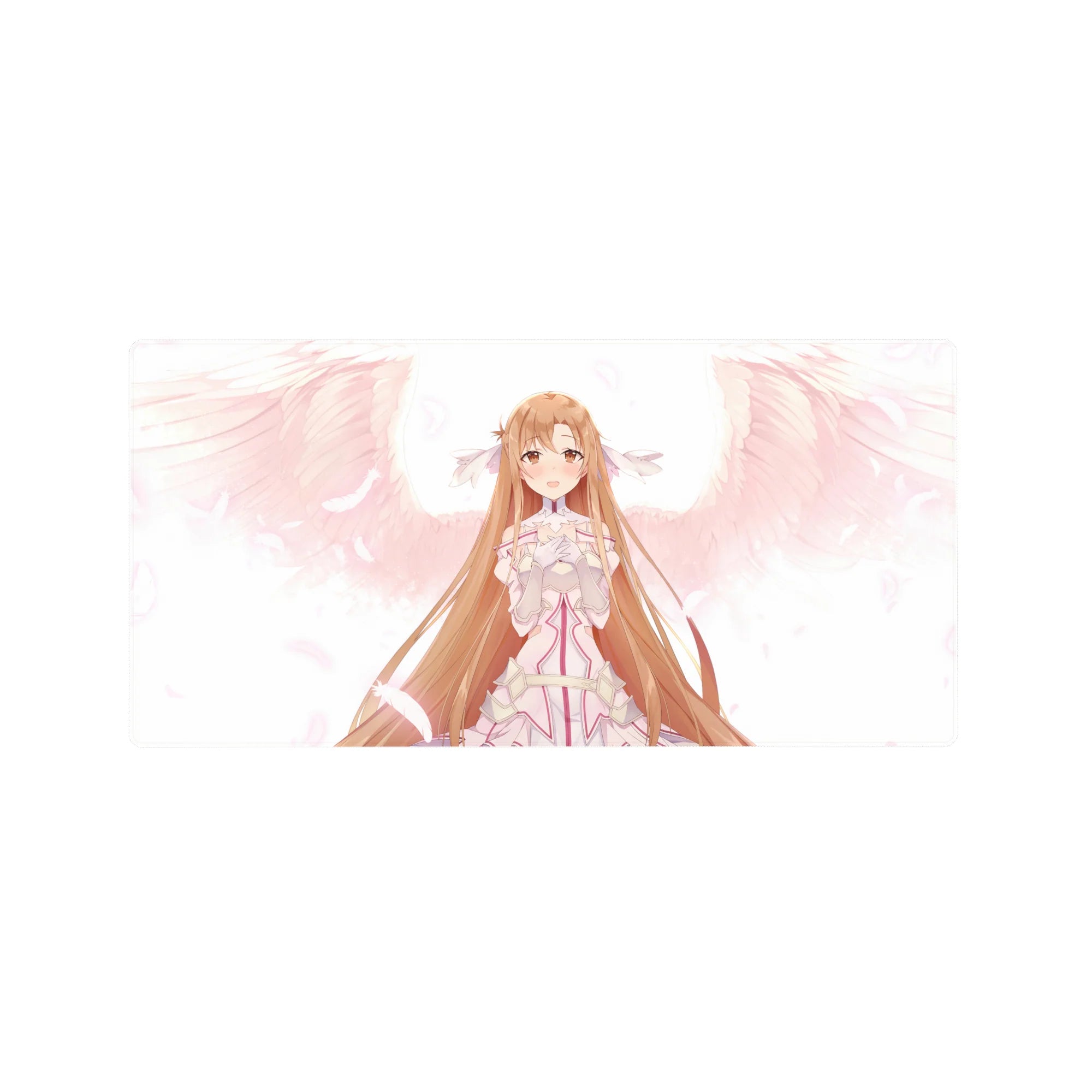 Anime mouse pad 32x16 inches featuring Asuna from Sword Art Online, glowing in whites and pinks with a gentle smile.
