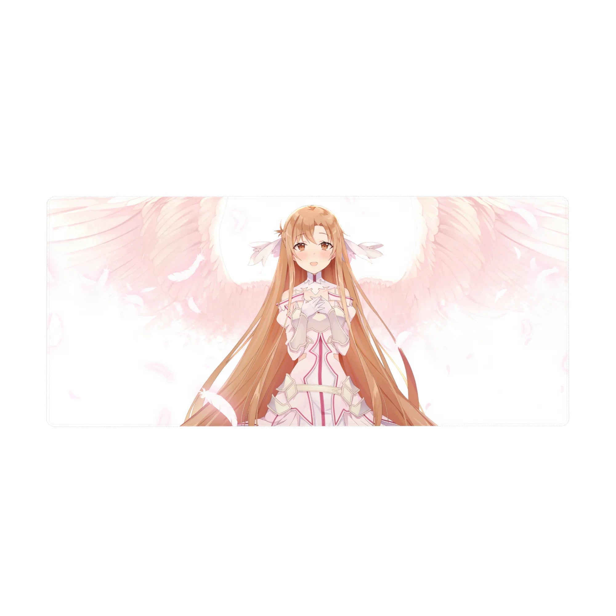 Asuna anime desk pad 36x16 inches, featuring a soft blush of white and pink feathers, perfect for adding a magical touch.