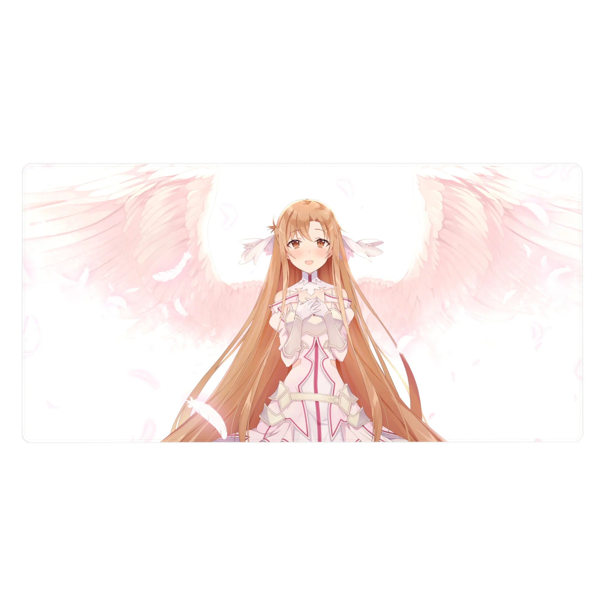 Asuna anime desk pad 40x20 inches with angelic whites, dreamy pink feathers, and a gentle smile for a magical feel.