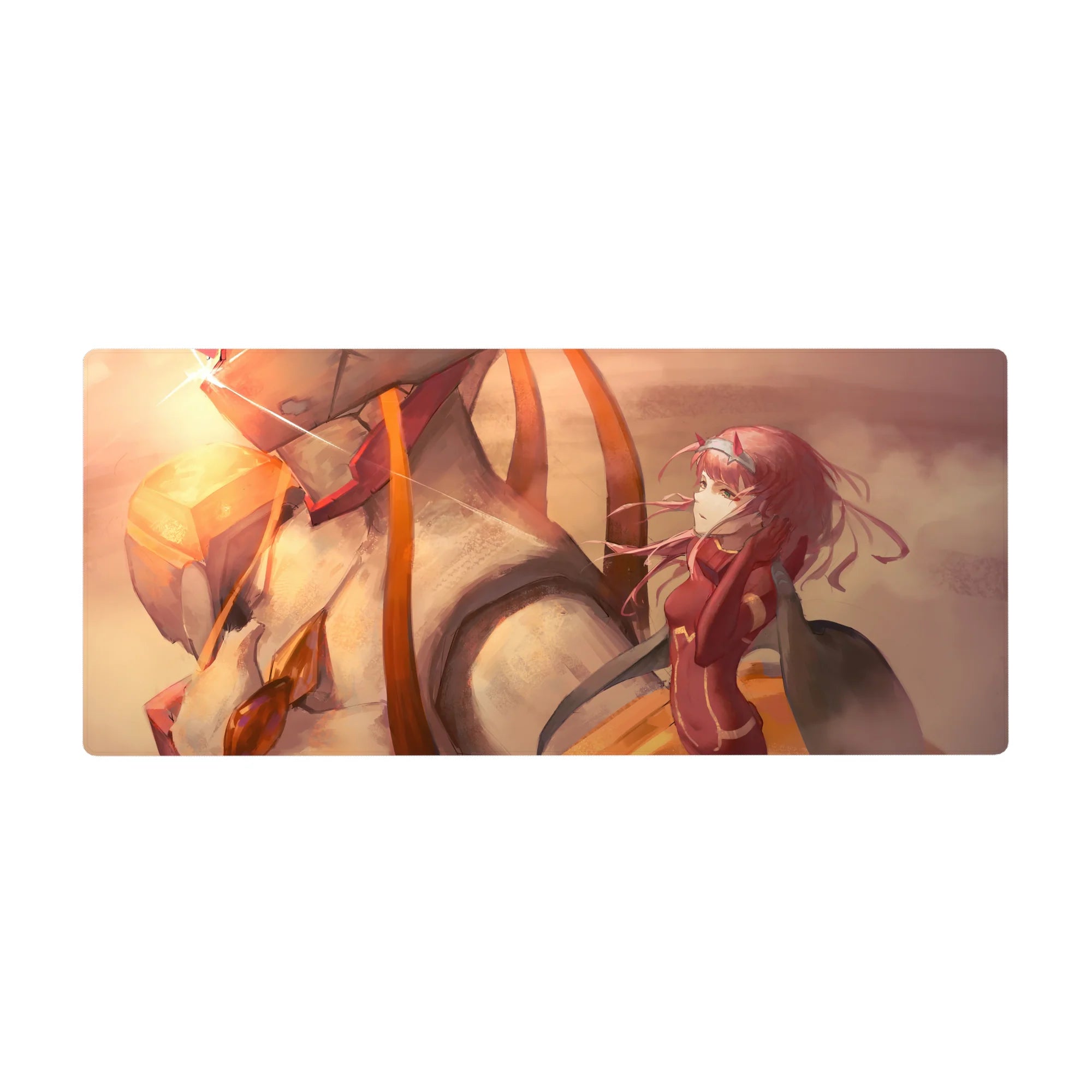 Mouse pad featuring Zero Two from Darling in the Franxx, 36x16 inches, bathed in golden light with Strelizia under a stunning sunset.