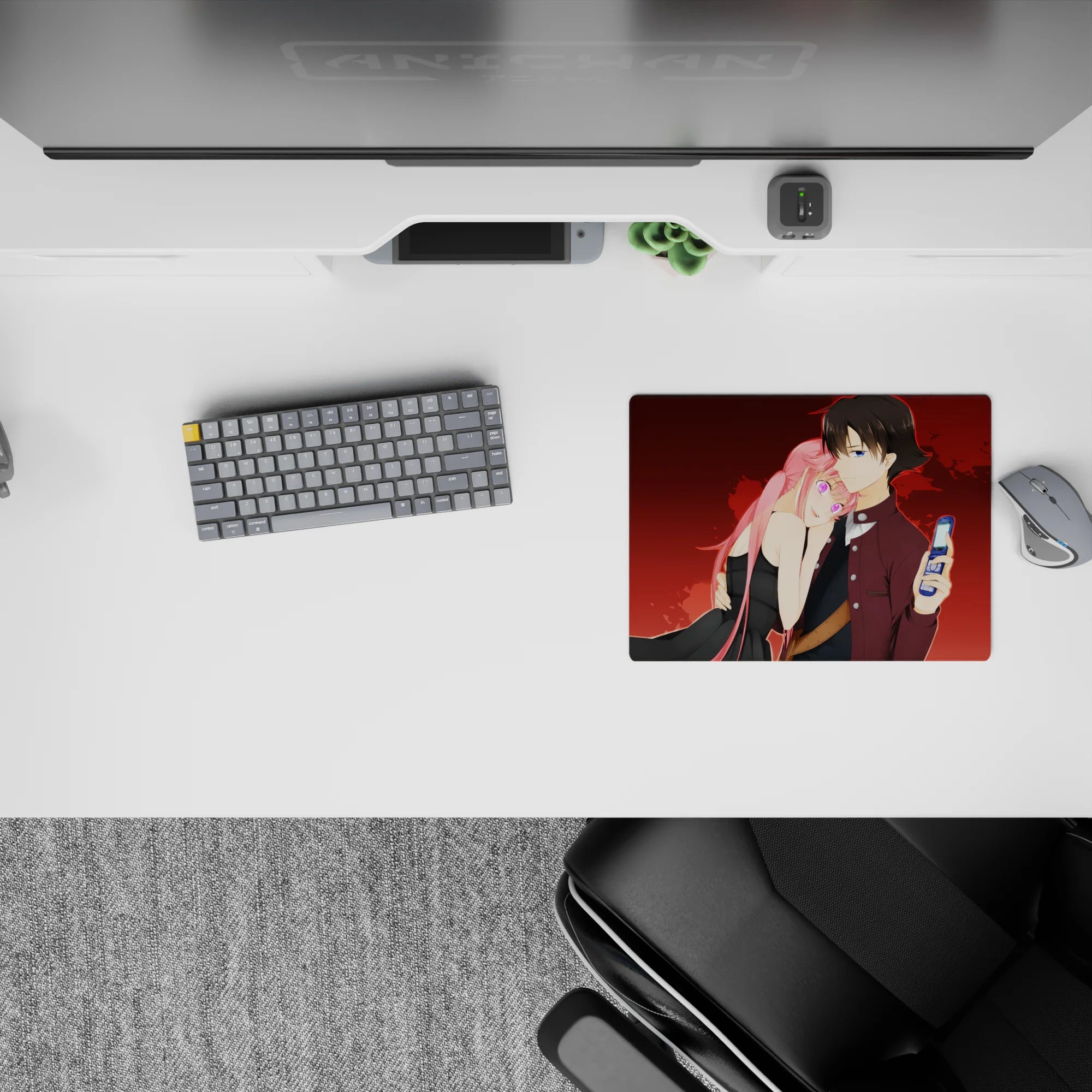Red-and-burgundy anime mouse pad 14x10 inches, warm romantic tension, rich reds, neon candy glow.
