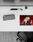Red-and-burgundy anime mouse pad 14x10 inches, warm romantic tension, rich reds, neon candy glow.