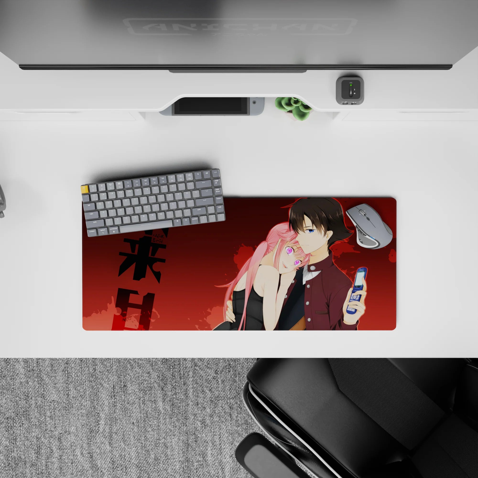 28x12 inches anime mouse pad in rich reds and burgundy tones, neon-pink glow eyes, warm tension vibe.