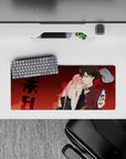 28x12 inches anime mouse pad in rich reds and burgundy tones, neon-pink glow eyes, warm tension vibe.