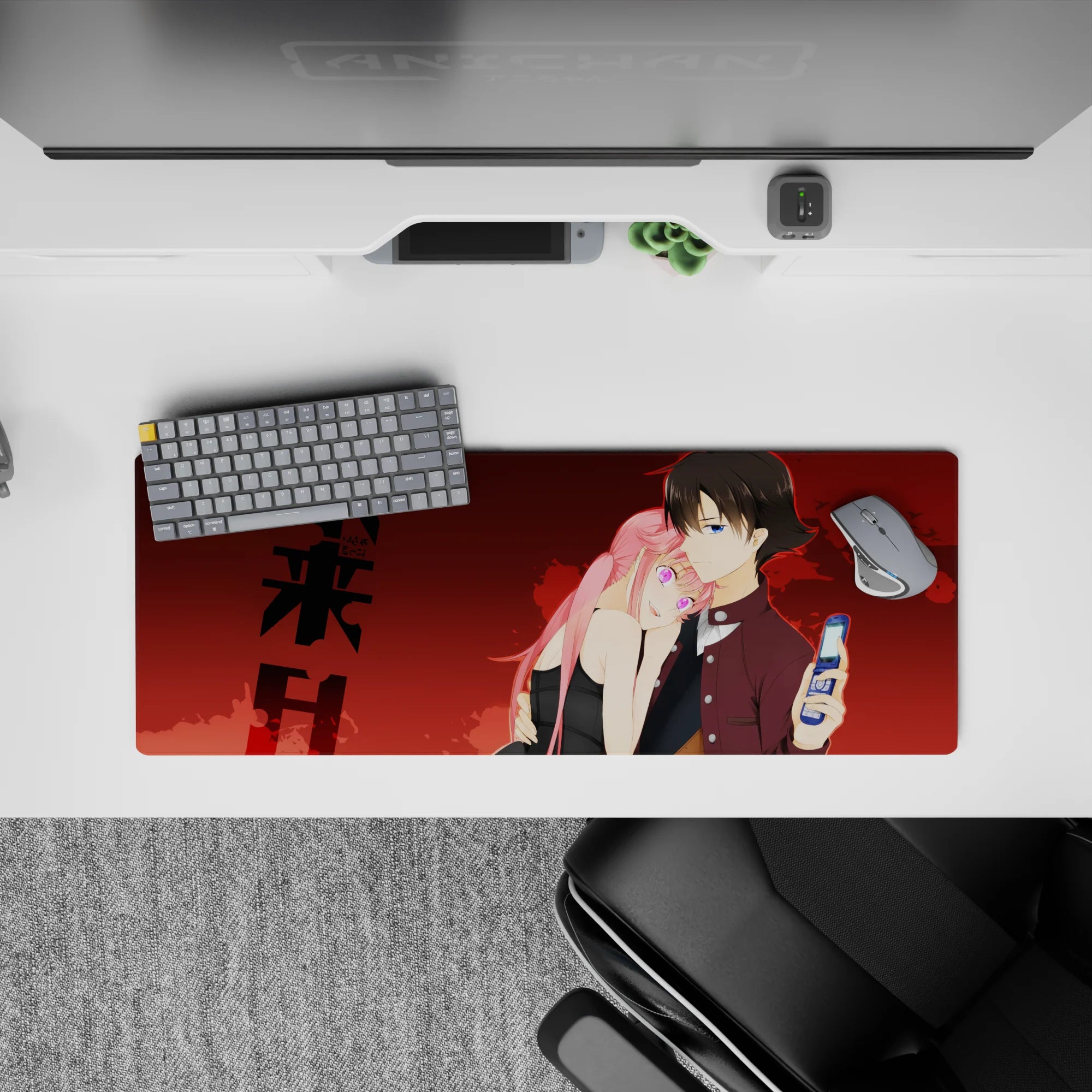 32x12 inches anime mouse pad in rich reds and bold blacks, neon eyes, romantic cozy vibe for desk setup.