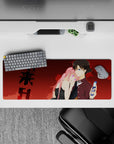 32x12 inches anime mouse pad in rich reds and bold blacks, neon eyes, romantic cozy vibe for desk setup.