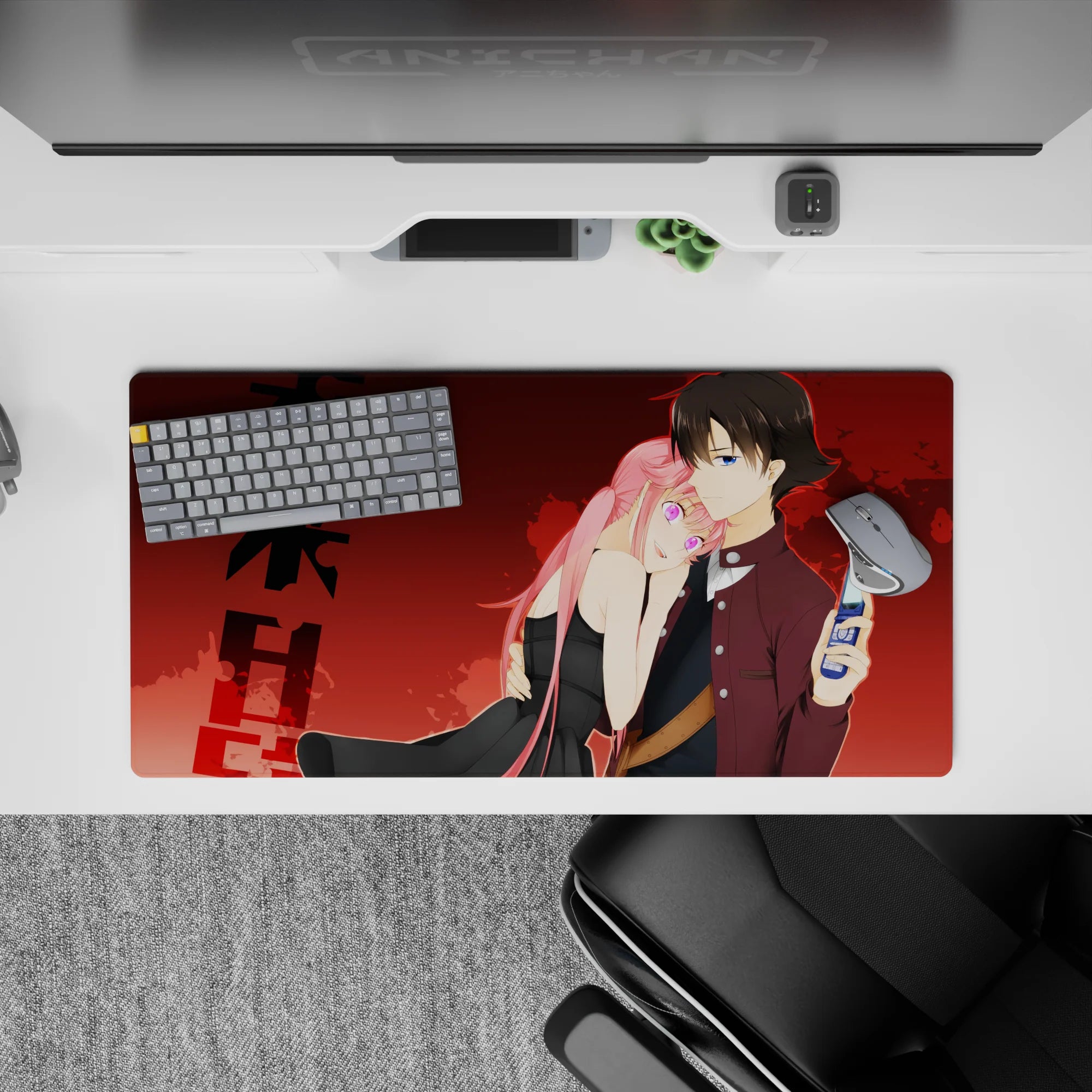 32x16 inches anime mouse pad in rich reds and burgundy, neon pink glow, romantic cozy vibes.